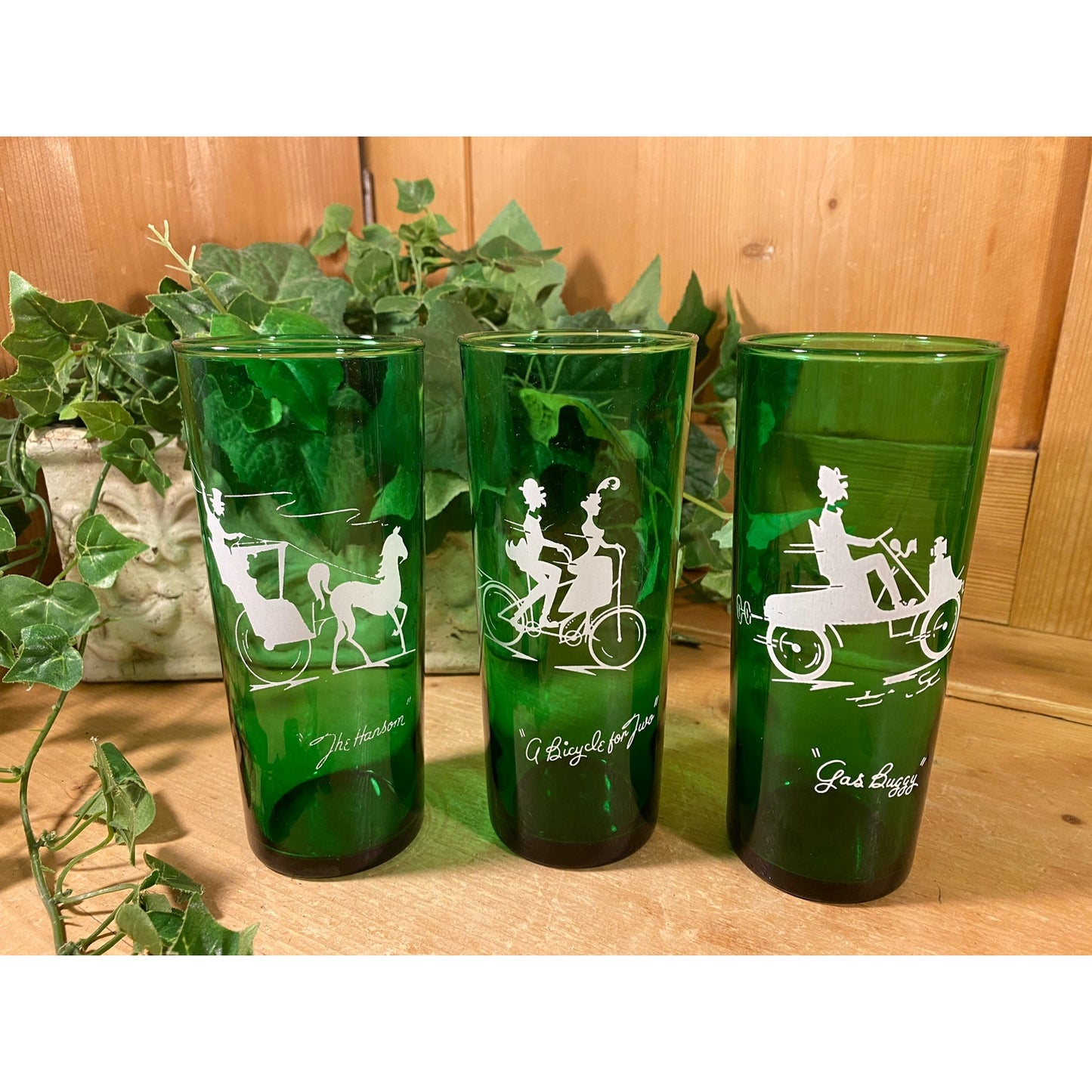 Vintage "Gay '90s Green Glass Drinking Glasses | Anchor Hocking | 3 Bicycle for Two, 2 Gas Buggy, 3 The Hansom | Green Glass Cups with 1890s