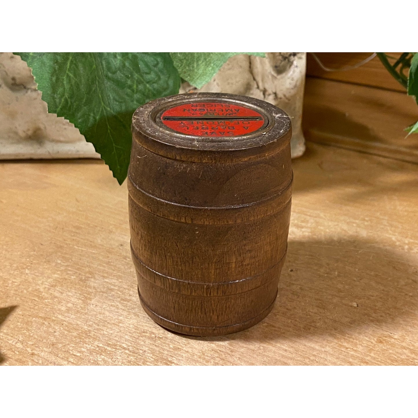 Vintage Wooden Barrel Coin Bank | "Save A Barrel of Money with An American Slicer" | Wood Barrel Coin Bank | Vintage Advertising | Farmhouse