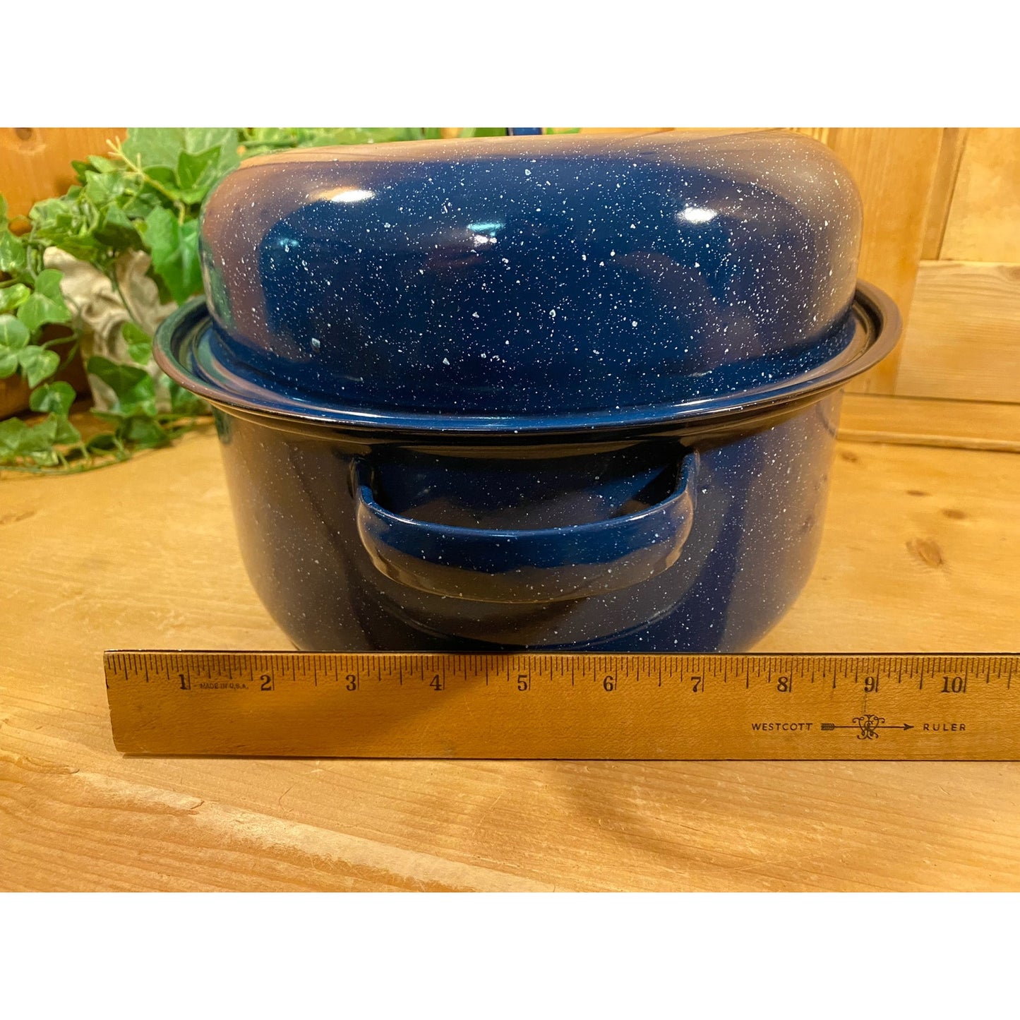 Vintage Large Blue Speckled Enamelware Roasting Pan | Enamel Roaster Pan with Cover | Metal Roaster with Juice Grooves | Farmhouse Kitchen