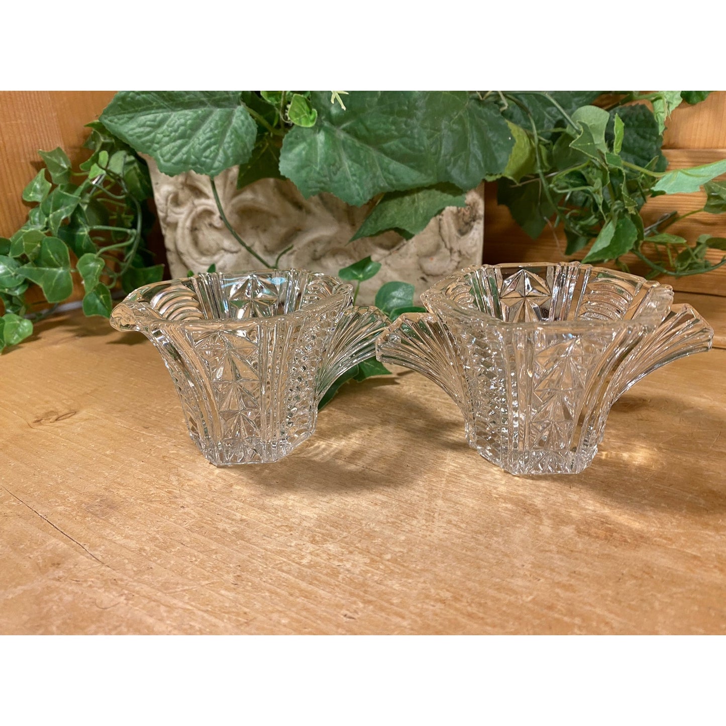 Vintage Clear Cut Glass Sugar and Creamer - Set of 2 | Fan Handle and Starburst Base | Victorian | Clear Glass Sugar Bowl + Cream Pitcher