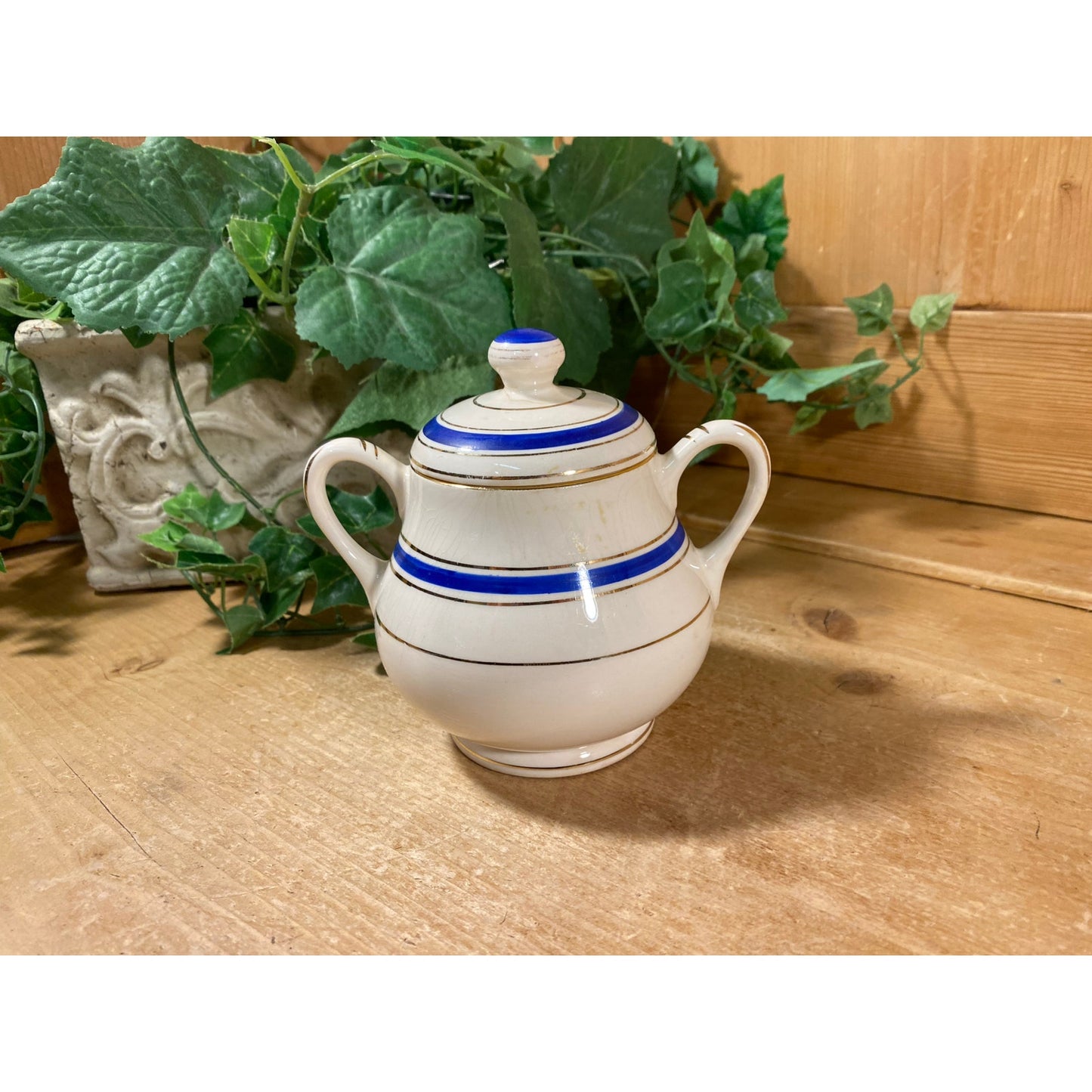 Vintage Striped Porcelain Sugar Bowl with Lid | Crooksville China Co. | Made In USA | Pasmantier Pattern | Blue and Gold | Victorian Tea