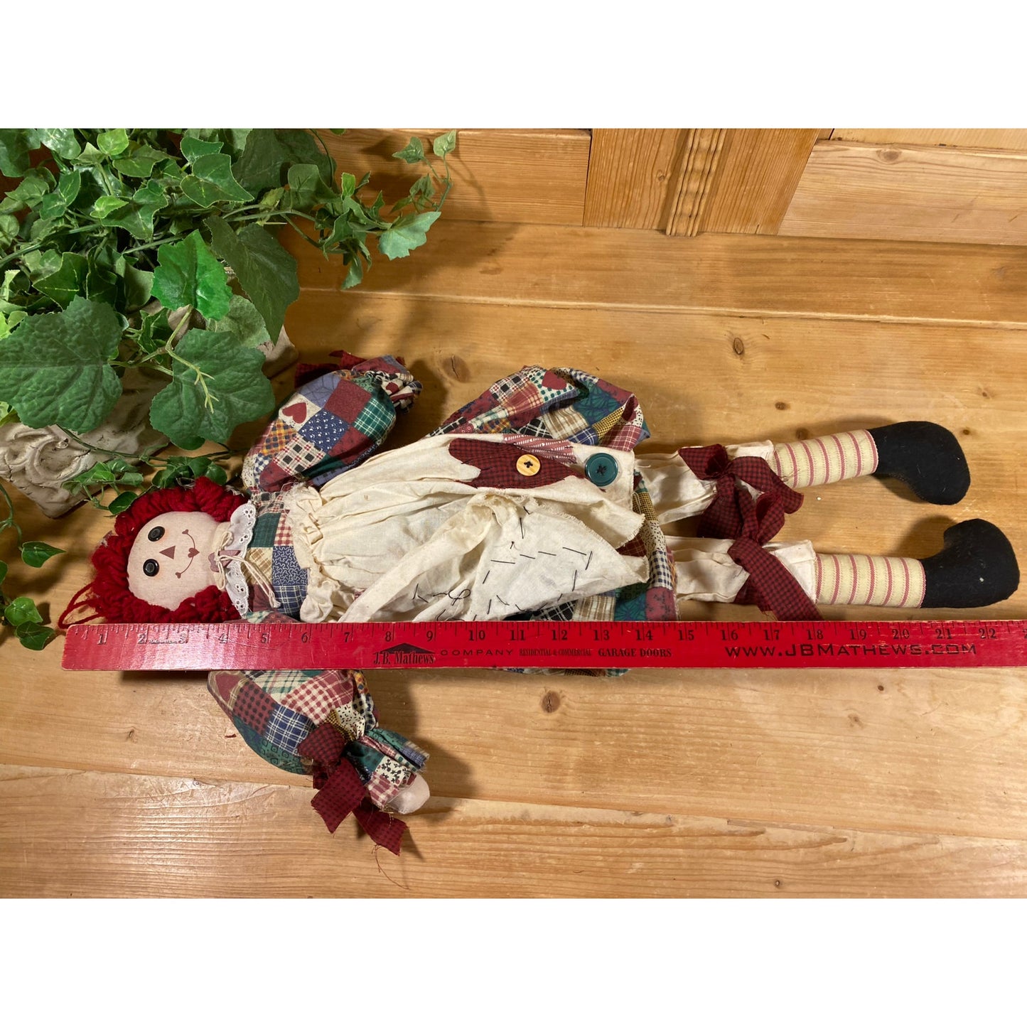 Vintage Long-Limb Raggedy Ann | Large Fabric Raggedy Ann Doll with Yarn Hair | Cloth Raggedy Ann Doll with Patchwork Dress, White Pinafore