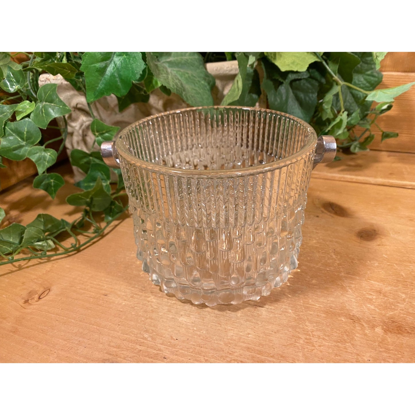 Vintage Round Clear Glass Ice Bucket with Metal Handle | Teleflora | Wine Chiller | MCM | Champagne Bucket | Ice Pail | Midcentury Modern