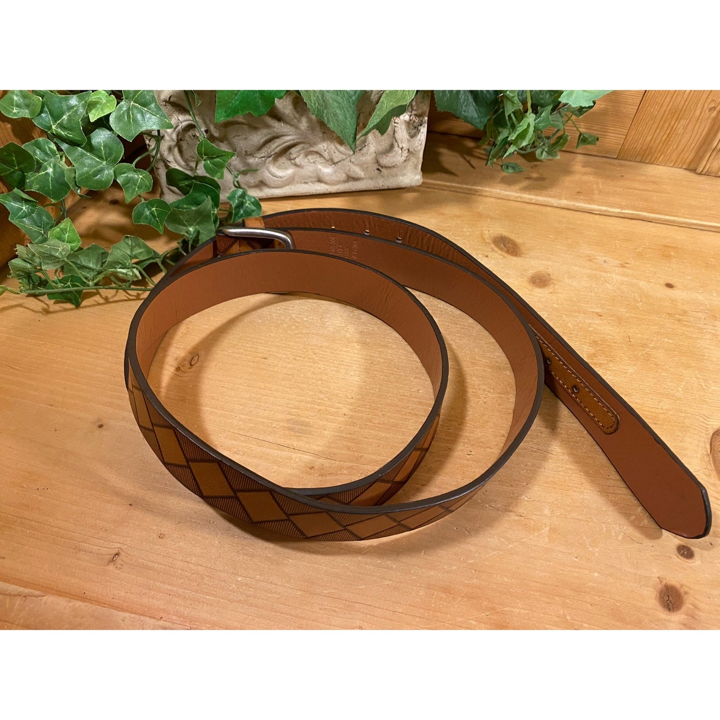Vintage Mens Genuine Leather Belt with Stamped Diamond Pattern | 58x60 | Mens Western Wear | Stamped Leather Belt | Cowboy Style