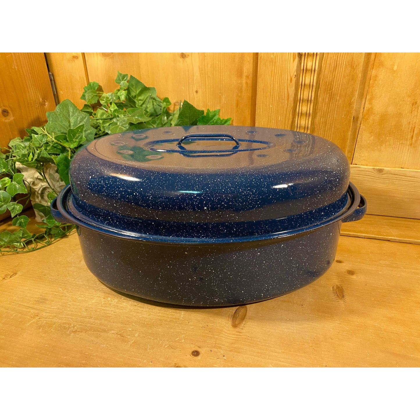 Vintage Large Blue Speckled Enamelware Roasting Pan | Enamel Roaster Pan with Cover | Metal Roaster with Juice Grooves | Farmhouse Kitchen