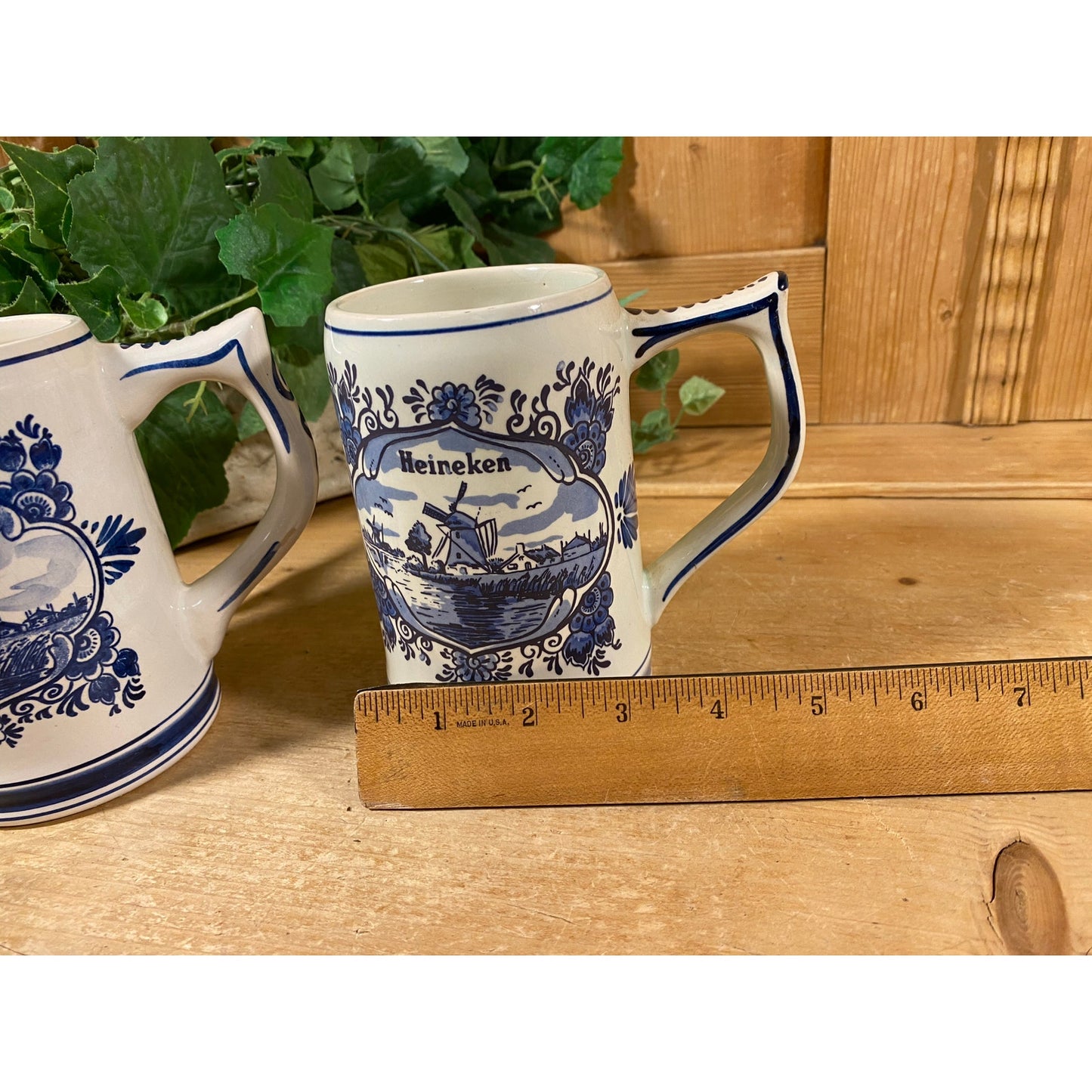 Vintage Hand-Painted Heineken Ceramic Tankards - Set of 2 | Delft Blue | Made In Holland | Dutch Beer Mugs | Collectible European Steins