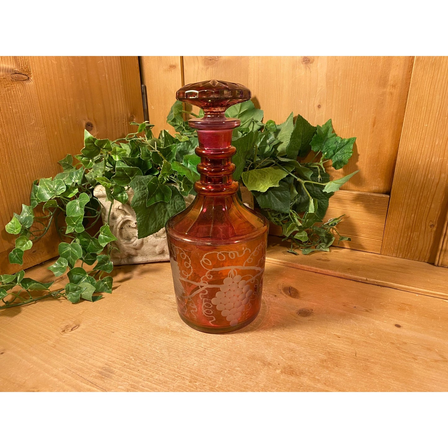 Vintage Etched Glass Wine Decanter with Glasses - Set of 5 | Imperial | Etched Glass with Grapes, Grapevines | Wine Decanter Set | Victorian