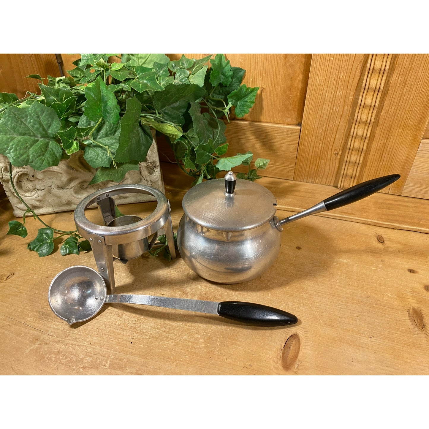 Vintage Aluminum Warming Pan 3 pc. Set | Fondue, Sauce, Milk | Spain | Pot, Base, Ladle | Aluminum + Black Bakelite | Midcentury Modern