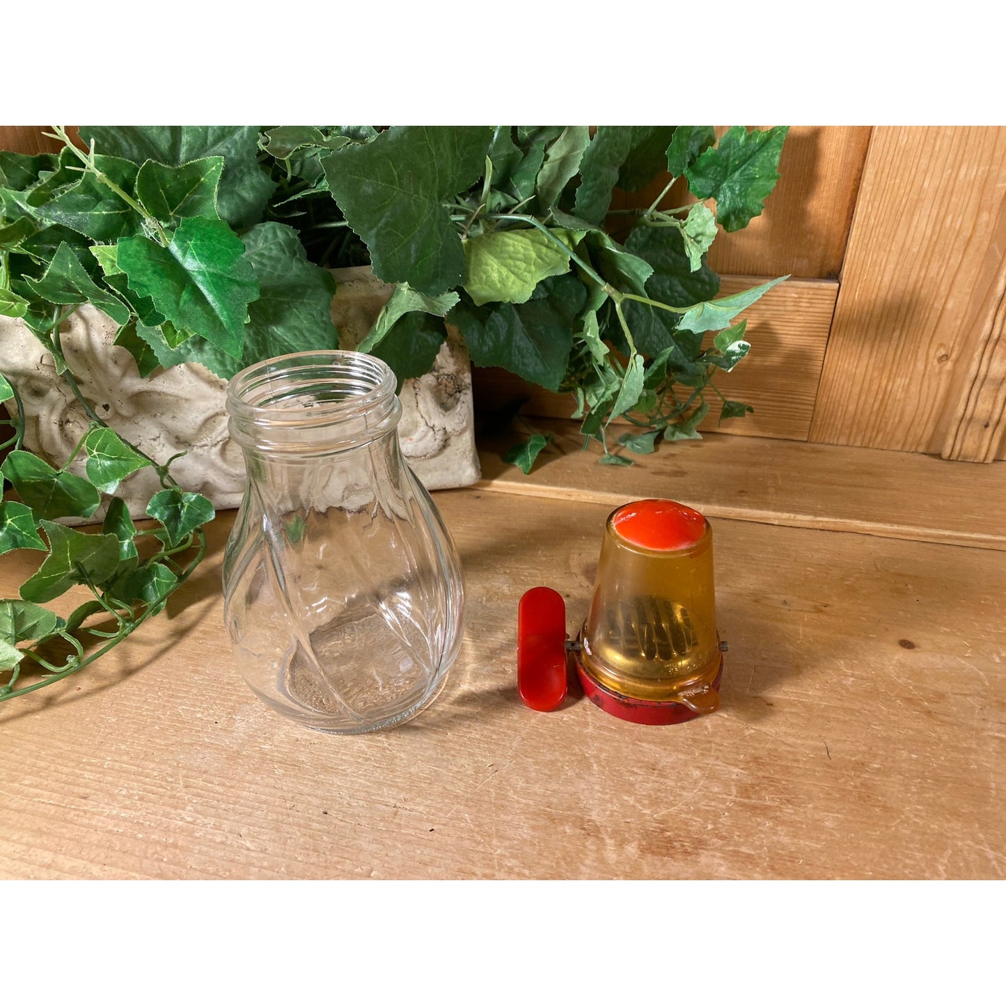 Vintage Glass and Metal Nut Chopper with Red Trim | Food Grinder/Chopper On Clear Glass Jar | Midcentury Modern Kitchen Decor | MCM Decor