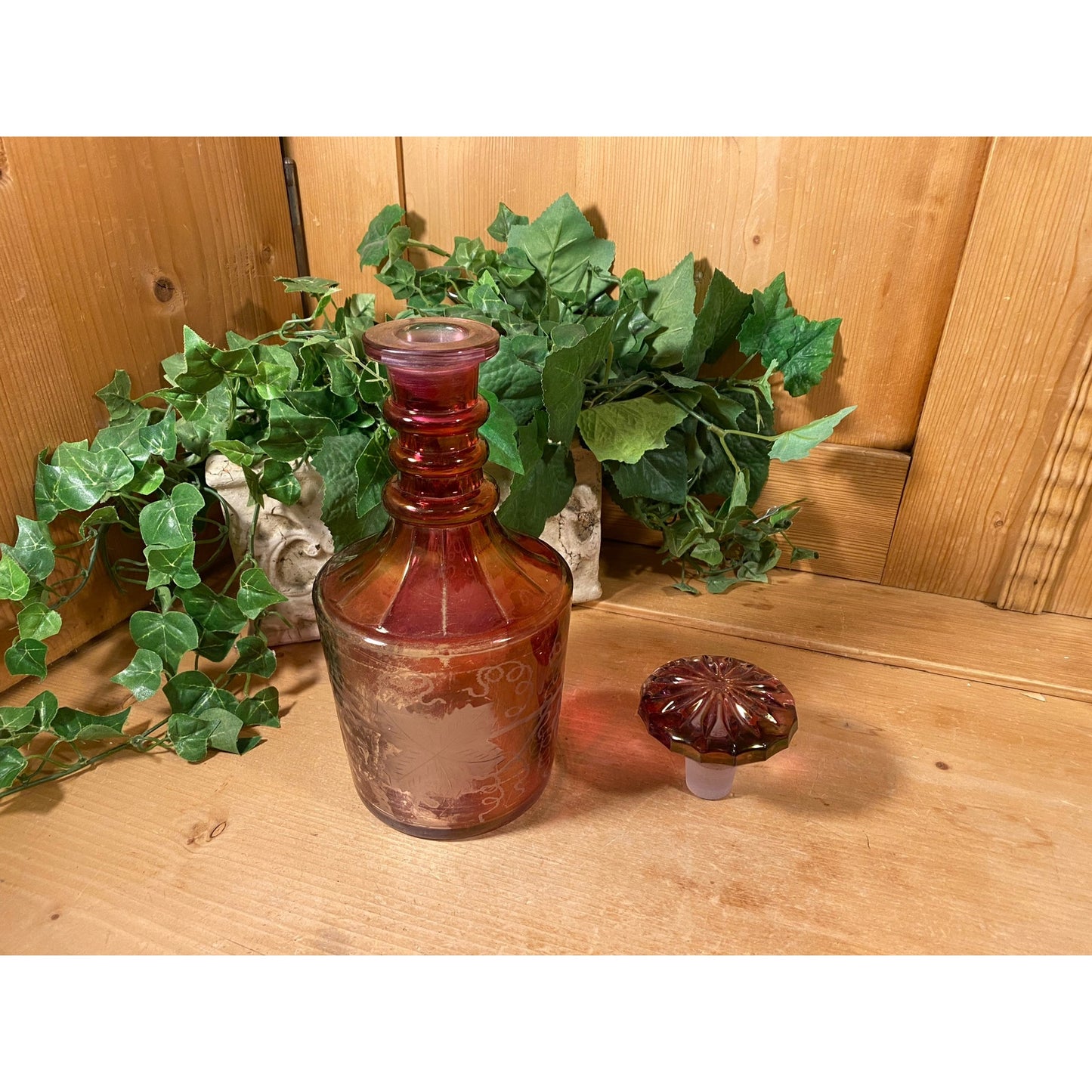 Vintage Etched Glass Wine Decanter with Glasses - Set of 5 | Imperial | Etched Glass with Grapes, Grapevines | Wine Decanter Set | Victorian