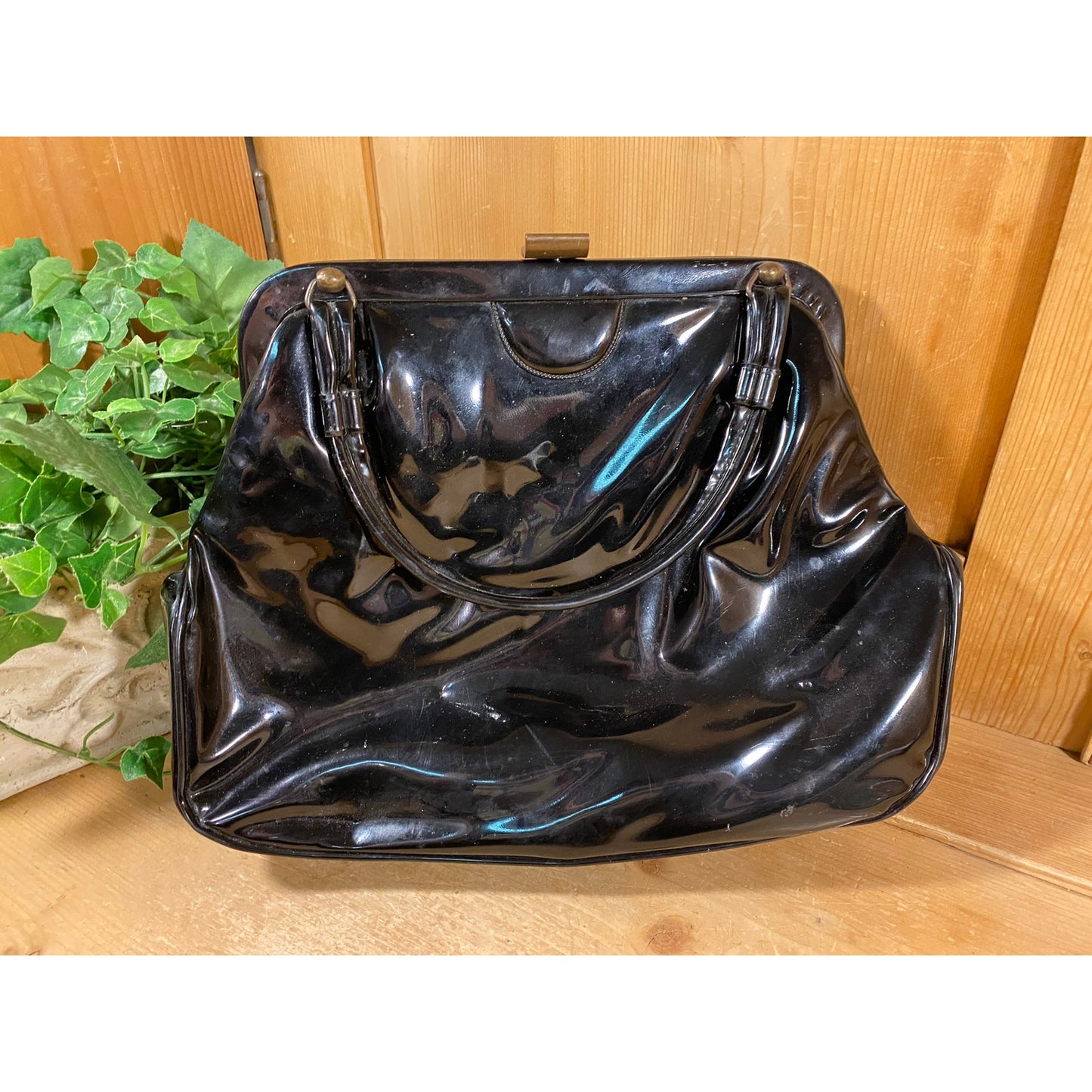 Vintage Black Patent Leather Handbag | Dova | USA | Midcentury Modern Purse with Top Handles | Black Patent Leather Handbag w/ Floral Lining