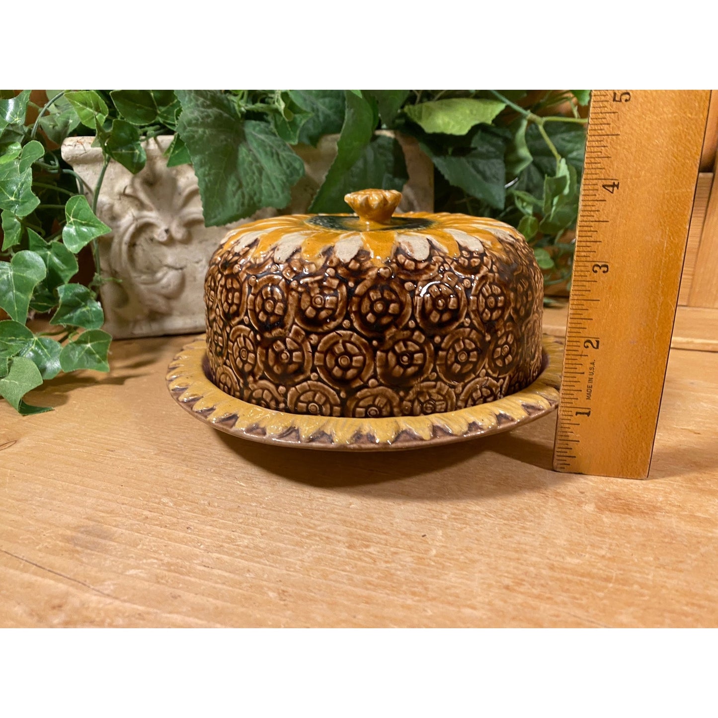 Vintage Flowered Majolica Pottery Cheese Dome with Lid | Yellow and Brown | Cottagecore Decor | Shabby Chic | Floral Victorian Table Decor