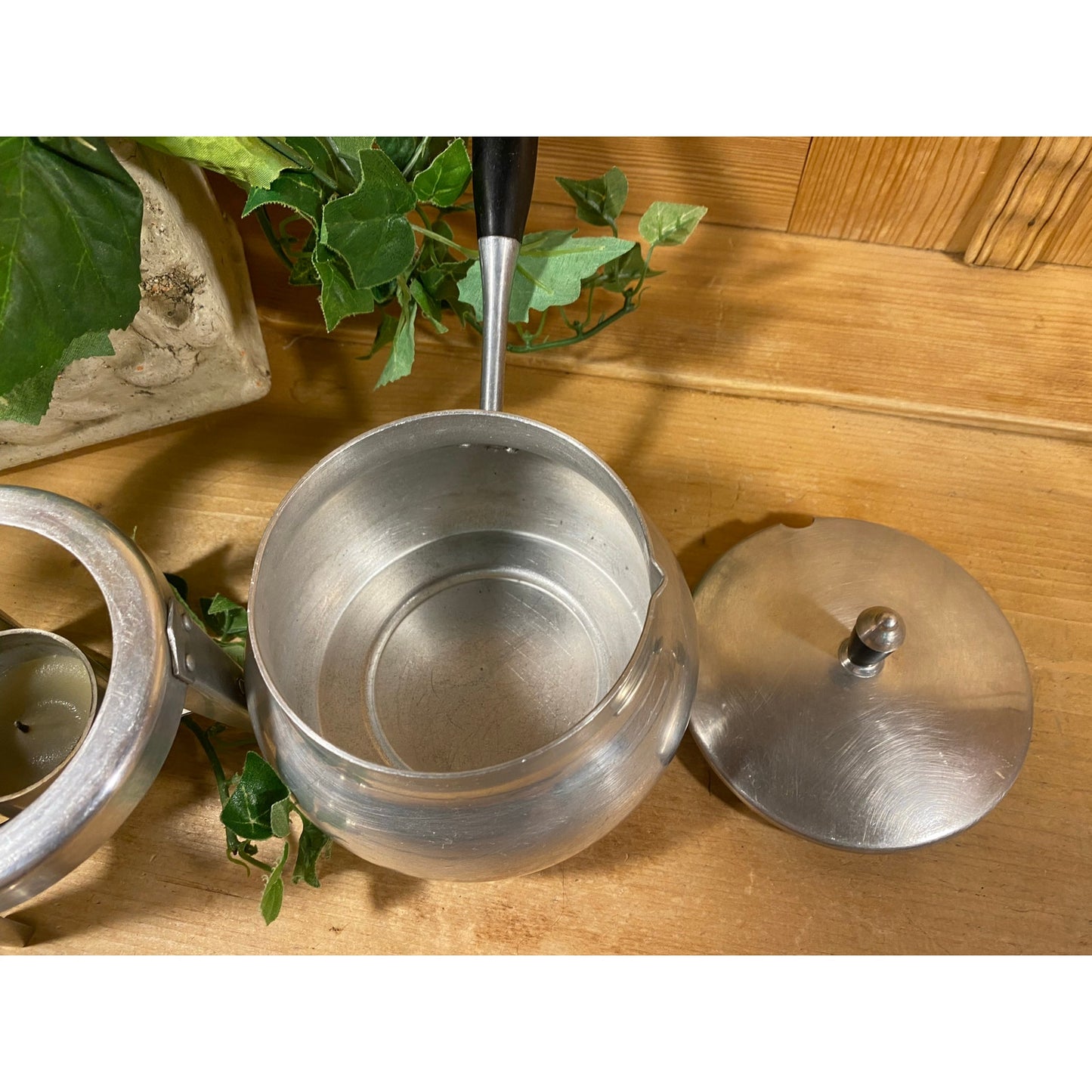 Vintage Aluminum Warming Pan 3 pc. Set | Fondue, Sauce, Milk | Spain | Pot, Base, Ladle | Aluminum + Black Bakelite | Midcentury Modern