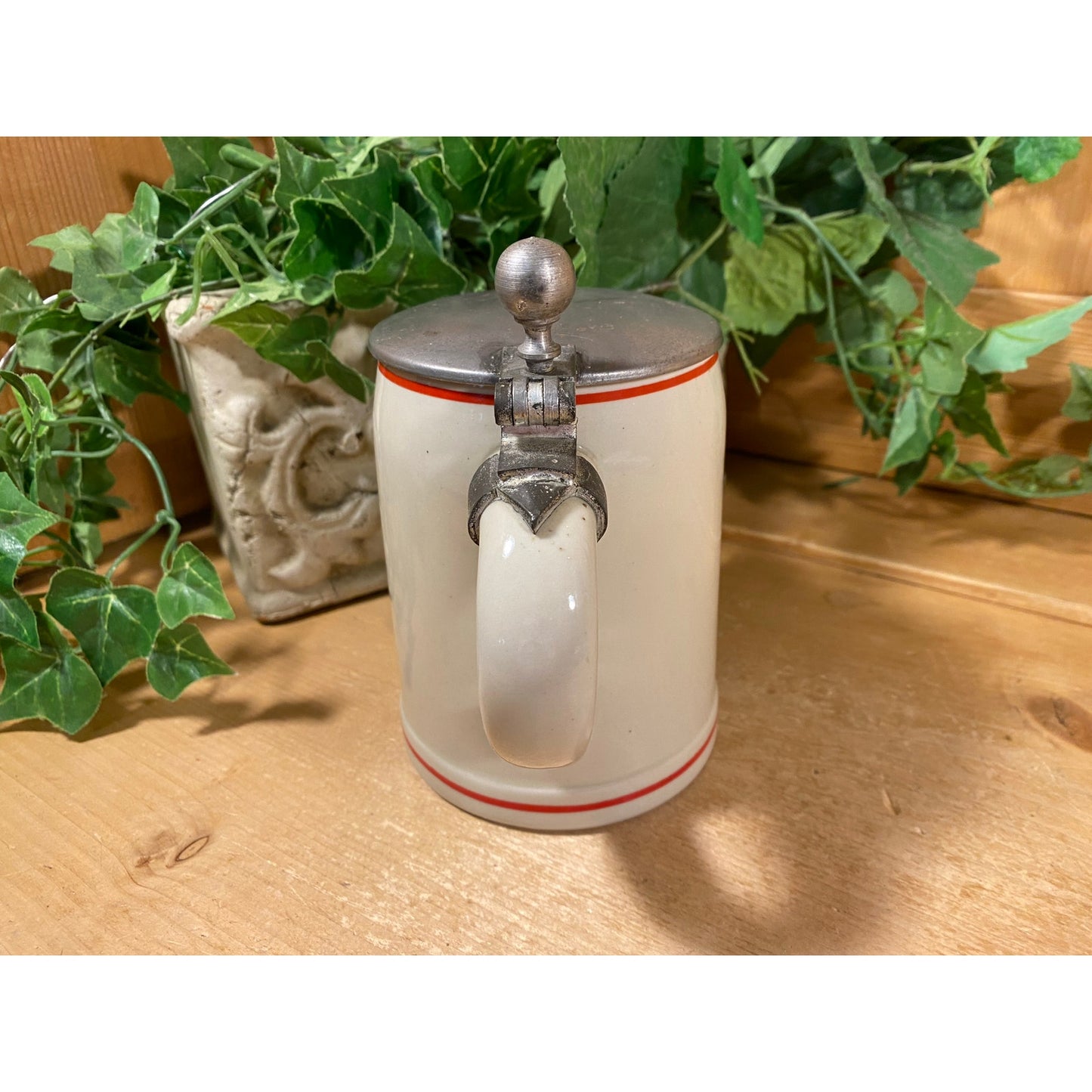 Vintage Ceramic Olympia Beer Stein | Good Luck Horseshoe | Tumwater | White Beer Mug with Pewter Lid | Ceramarte Beer Stein | Retro Barware