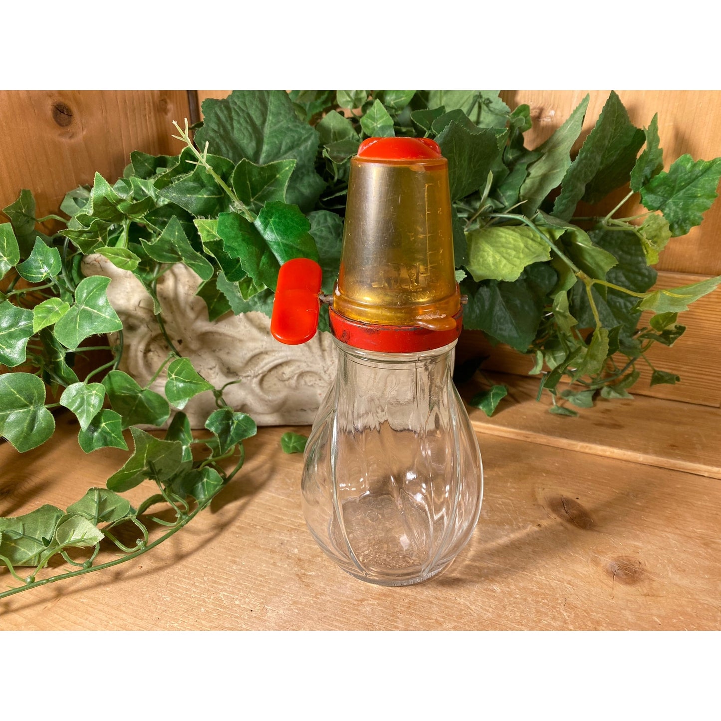 Vintage Glass and Metal Nut Chopper with Red Trim | Food Grinder/Chopper On Clear Glass Jar | Midcentury Modern Kitchen Decor | MCM Decor