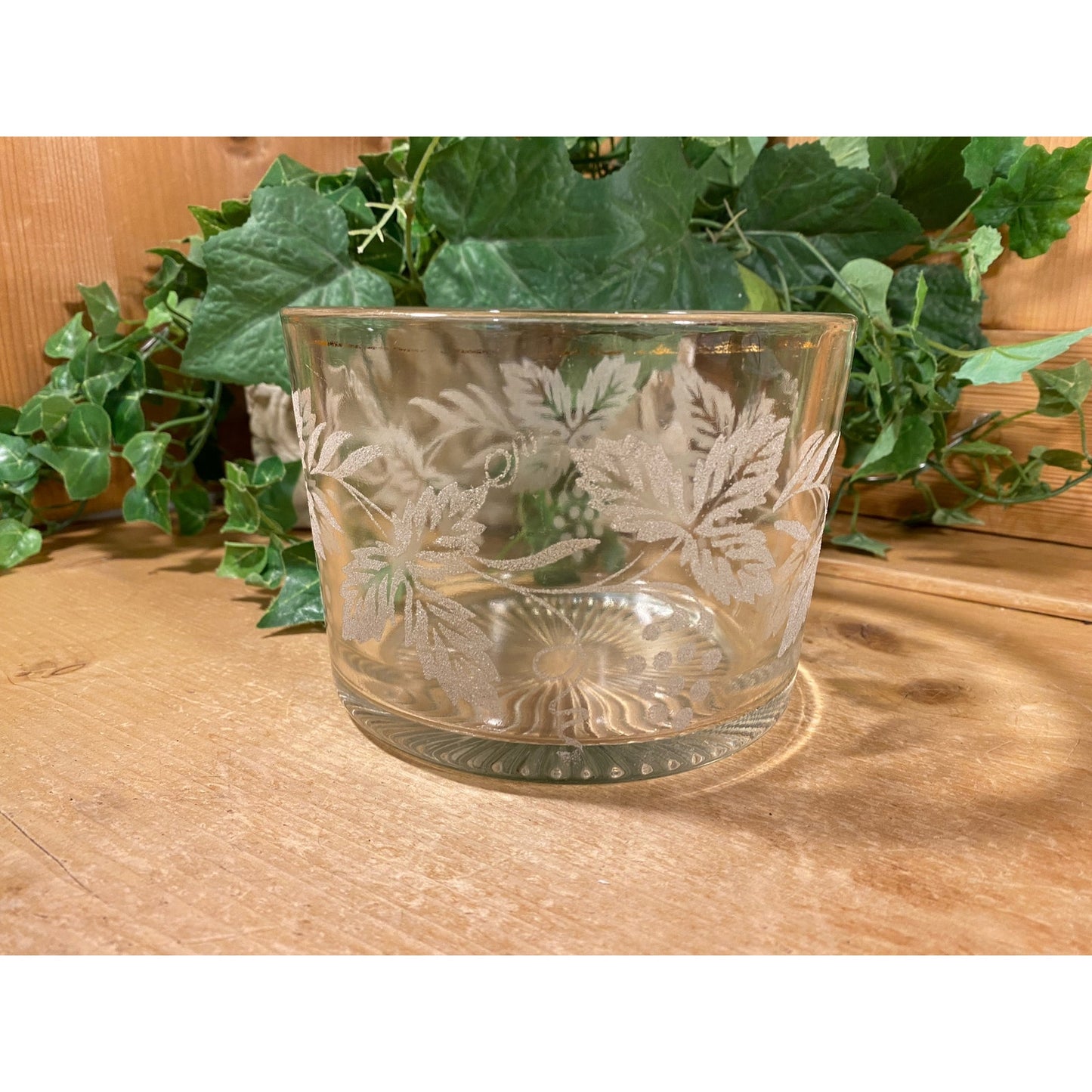 Vintage Clear Floral Glass Ice Bucket | Libbey | Etched, Frosted Glass Leaves and Gold Trim | Midcentury Modern Barware | Glass Wine Chiller