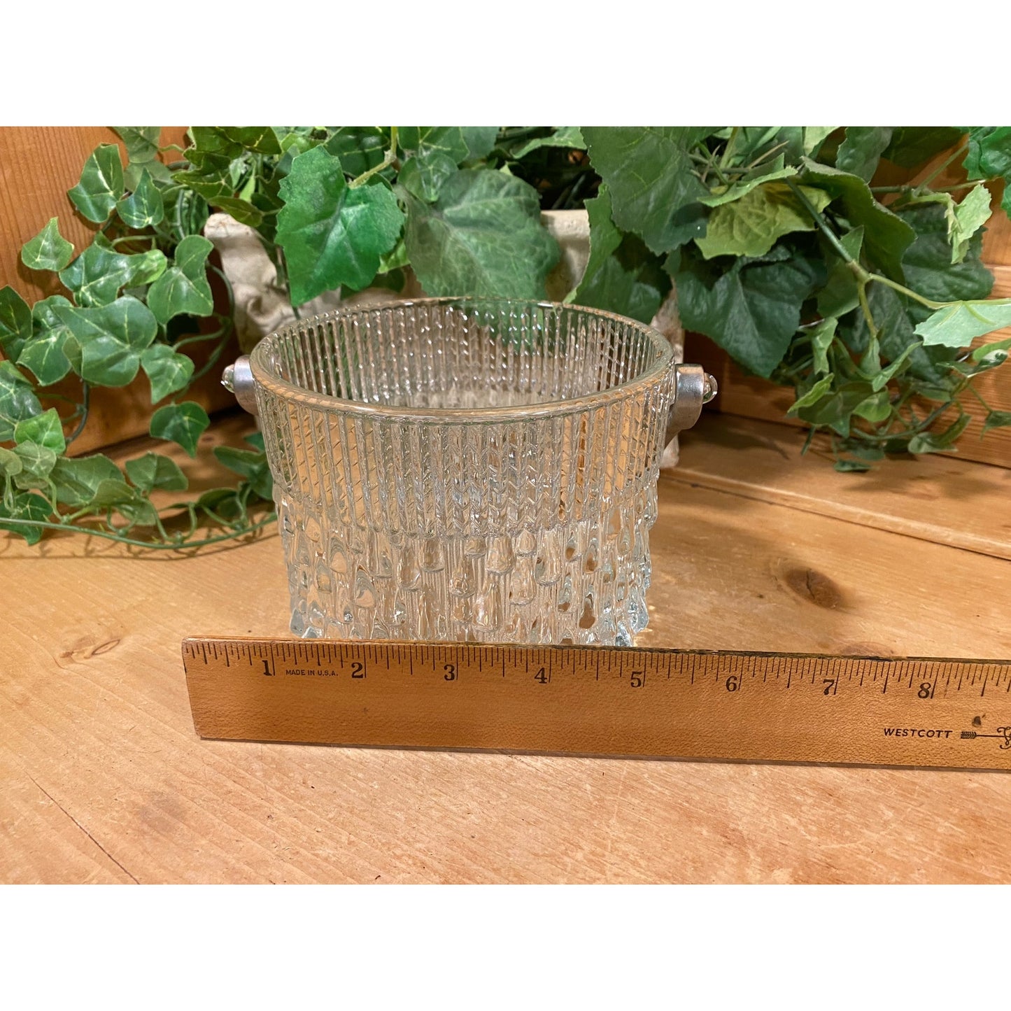 Vintage Round Clear Glass Ice Bucket with Metal Handle | Teleflora | Wine Chiller | MCM | Champagne Bucket | Ice Pail | Midcentury Modern