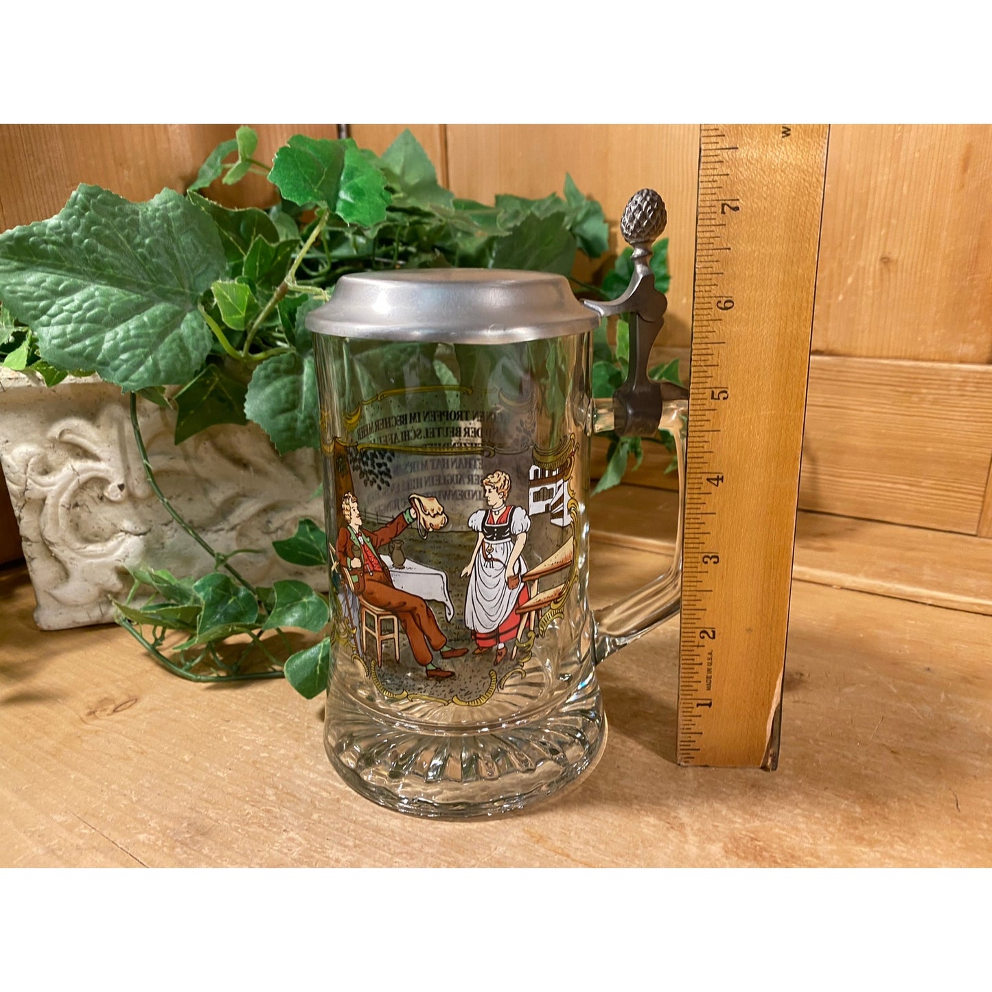 Vintage BMF Glass Beer Stein | Berndorf Metallwaren Fabrik | Glass Beer Mug with Pewter Lid and Handle | Academia | Traditional German Stein