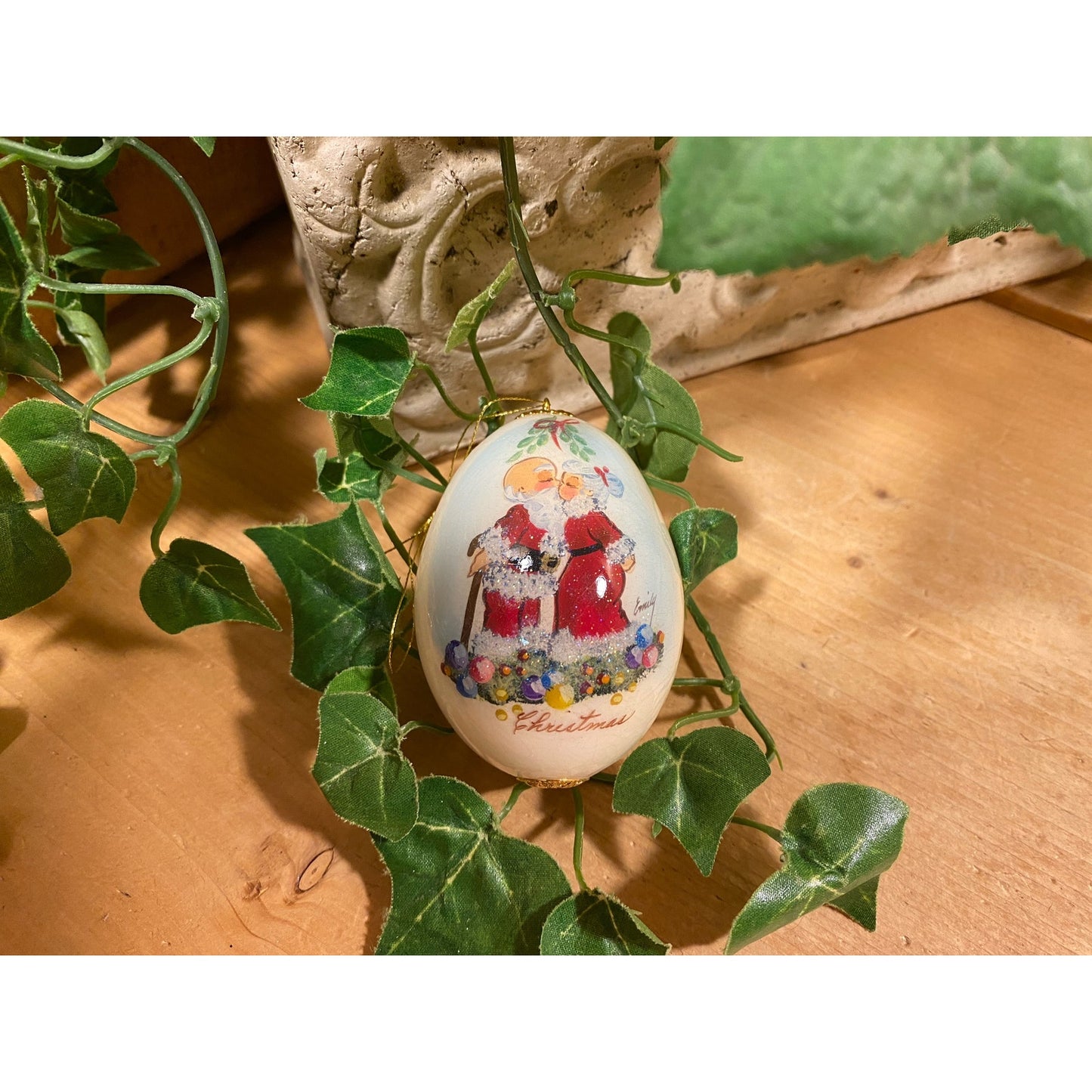 Vintage Handpainted Real Eggshell Ornament | Santa & Mrs. Claus Kissing | Eggsquisite Egg | Christmas Egg | Painted Egg Signed by Emily