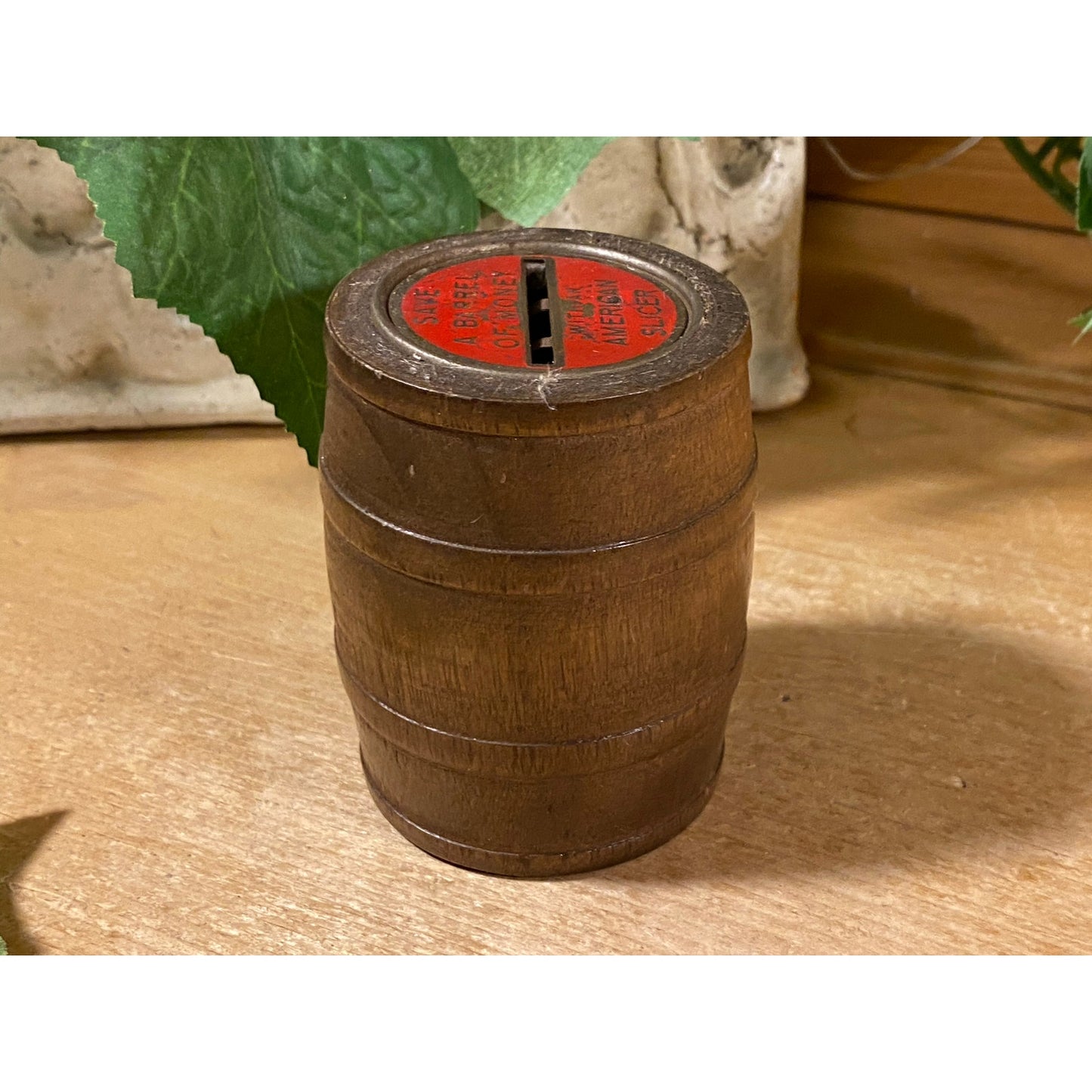 Vintage Wooden Barrel Coin Bank | "Save A Barrel of Money with An American Slicer" | Wood Barrel Coin Bank | Vintage Advertising | Farmhouse