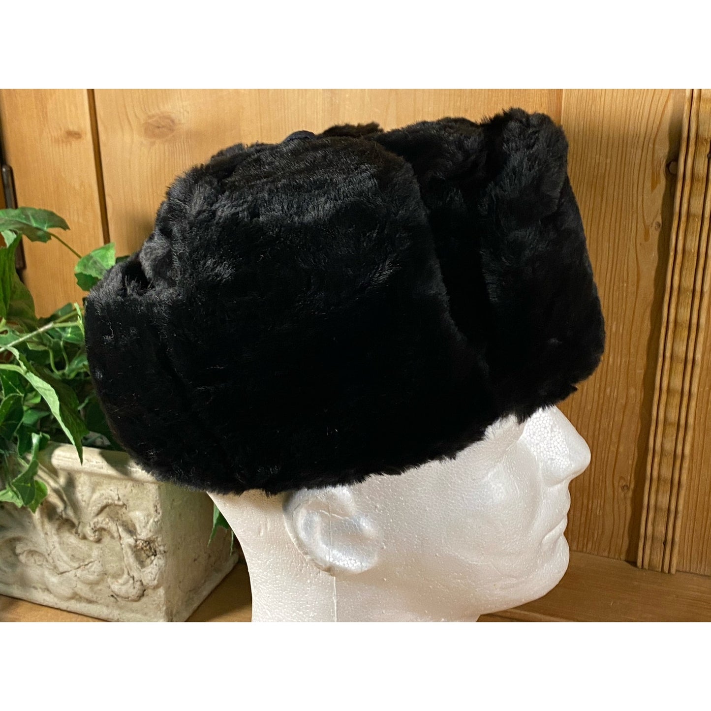 Vintage Russian Black Faux Fur Hat with Insignia Pin | Womens Fashion Faux Fur Lined Winter Hat | Vintage Womens Fashion Hat