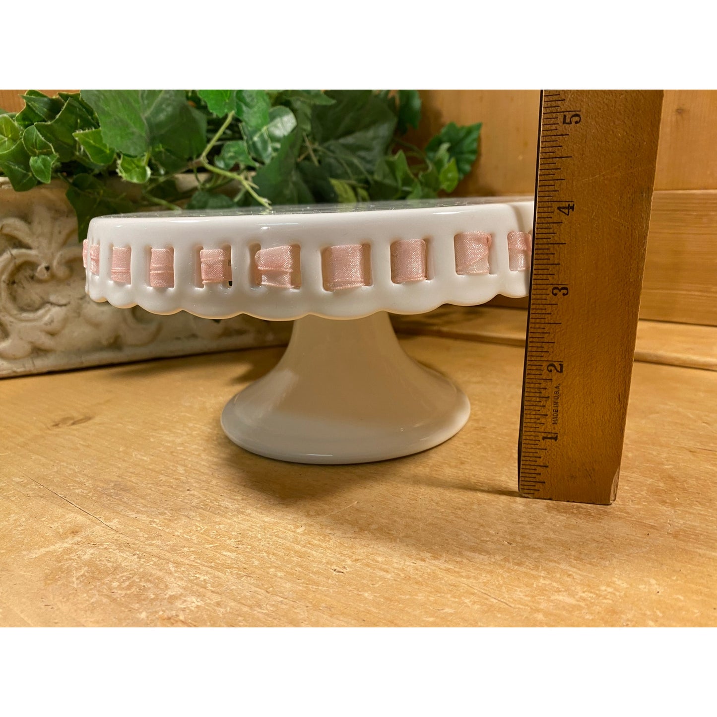 Vintage White Porcelain Pedestal Cake Stand with Pink Ribbon Trim | Coastline Imports | Shabby Chic Pedestal Cake Plate | Dessert Stand