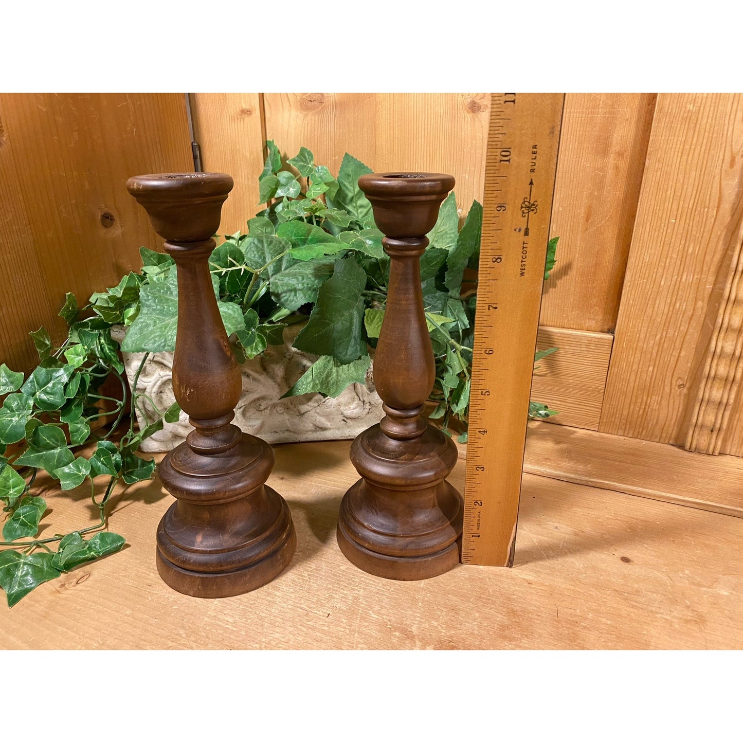 Vintage Handcrafted Wooden Candlesticks - Set of 2 | Rustic Farmhouse Table Decor | Carved Dark Brown Wood Candle Holders | Primitive Decor