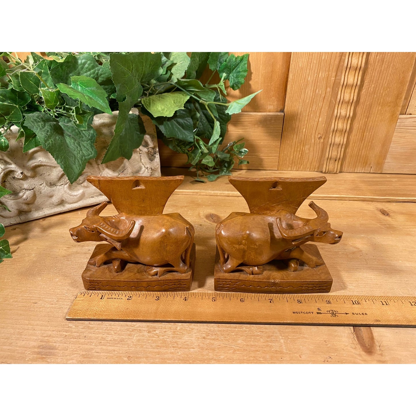 Vintage Carved Wooden Water Buffalo Bookends | Carved Wood Cow Bookends | Bohemian Bookshelf Decor |  Boho Shelf Decor | Cattle Bookends