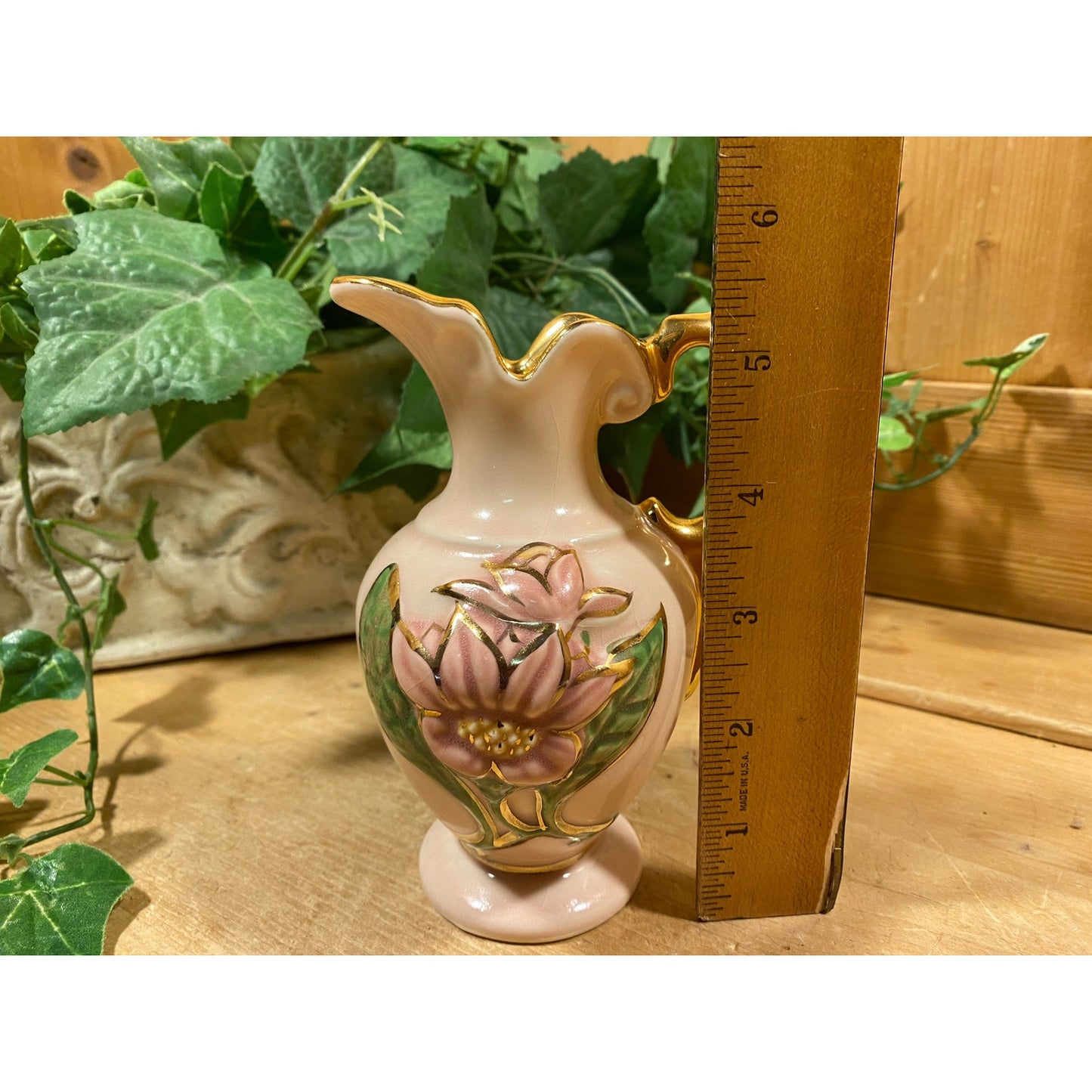 Vintage Hull Art Pottery "New Magnolia" Vase | Hand-Painted Floral Vase with Glossy Finish and Gold Trim | Midcentury Modern Shelf Decor