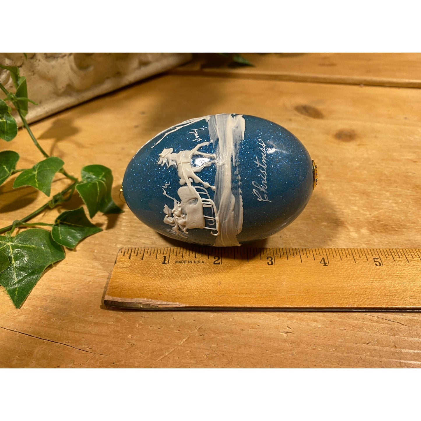 Vintage Handpainted Real Eggshell Ornament | Victorian Sleigh | Eggsquisite Egg | Blue Christmas Egg | Painted Chicken Egg Signed by Emily