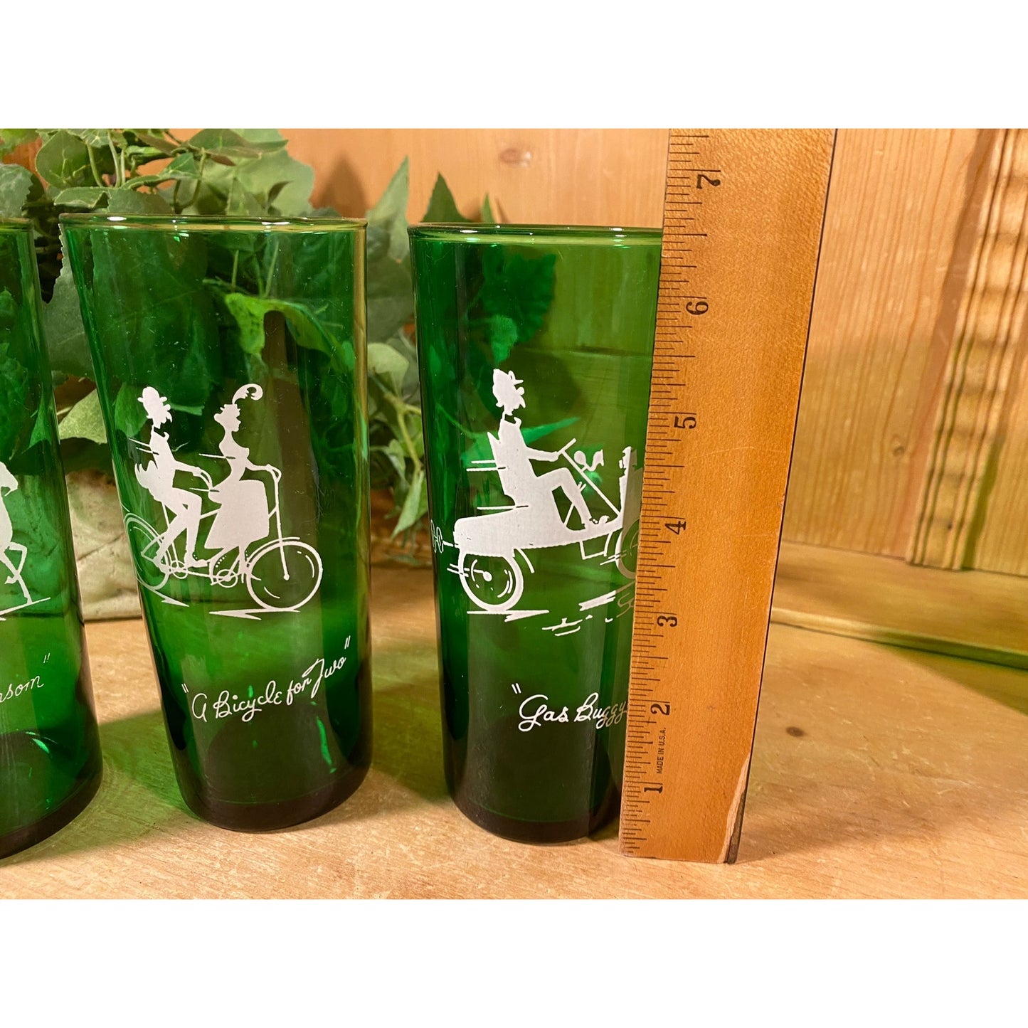 Vintage "Gay '90s Green Glass Drinking Glasses | Anchor Hocking | 3 Bicycle for Two, 2 Gas Buggy, 3 The Hansom | Green Glass Cups with 1890s