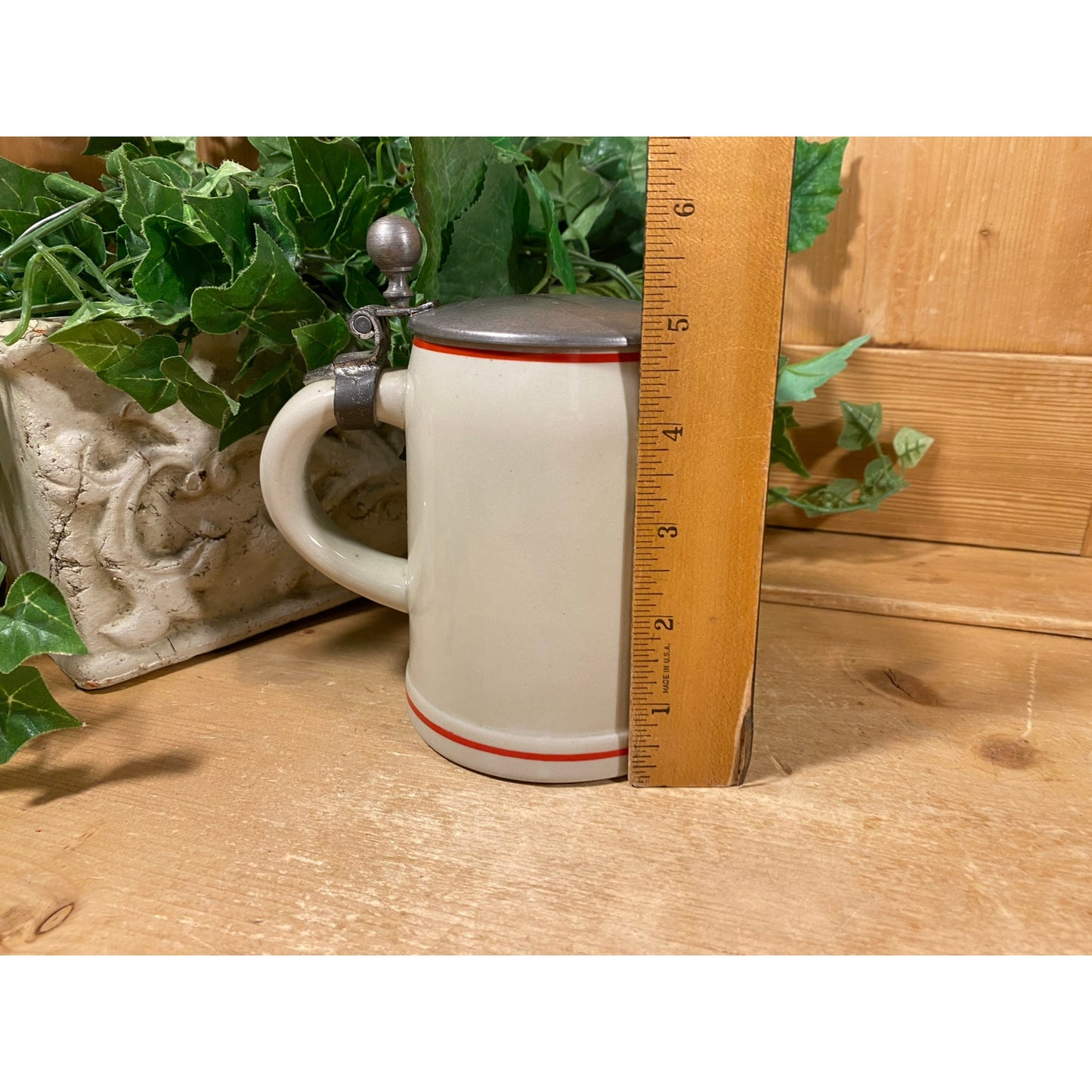 Vintage Ceramic Olympia Beer Stein | Good Luck Horseshoe | Tumwater | White Beer Mug with Pewter Lid | Ceramarte Beer Stein | Retro Barware
