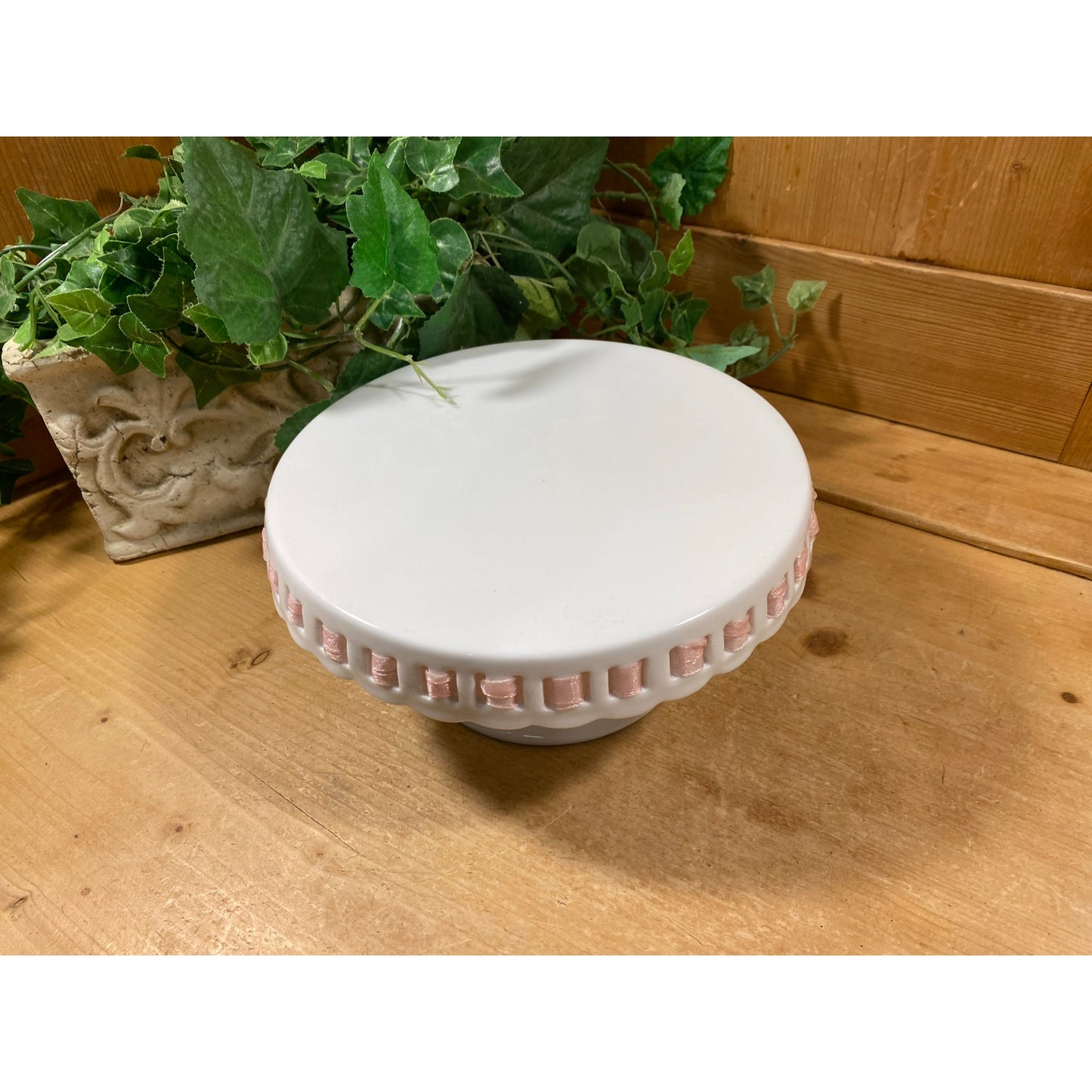 Vintage White Porcelain Pedestal Cake Stand with Pink Ribbon Trim | Coastline Imports | Shabby Chic Pedestal Cake Plate | Dessert Stand