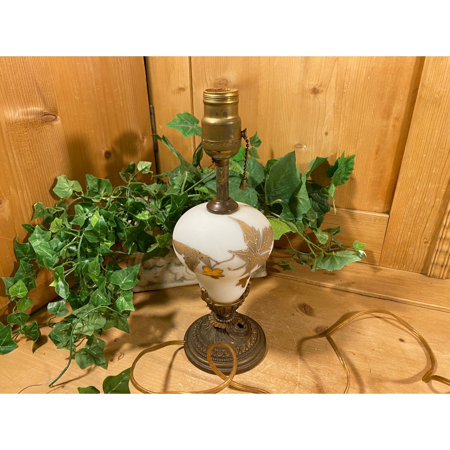 Vintage Frosted White Glass Lamp Base with Golden Leaves | Rewired Victorian Table Lamp | Shabby Chic Glass + Metal Living Room Lamp