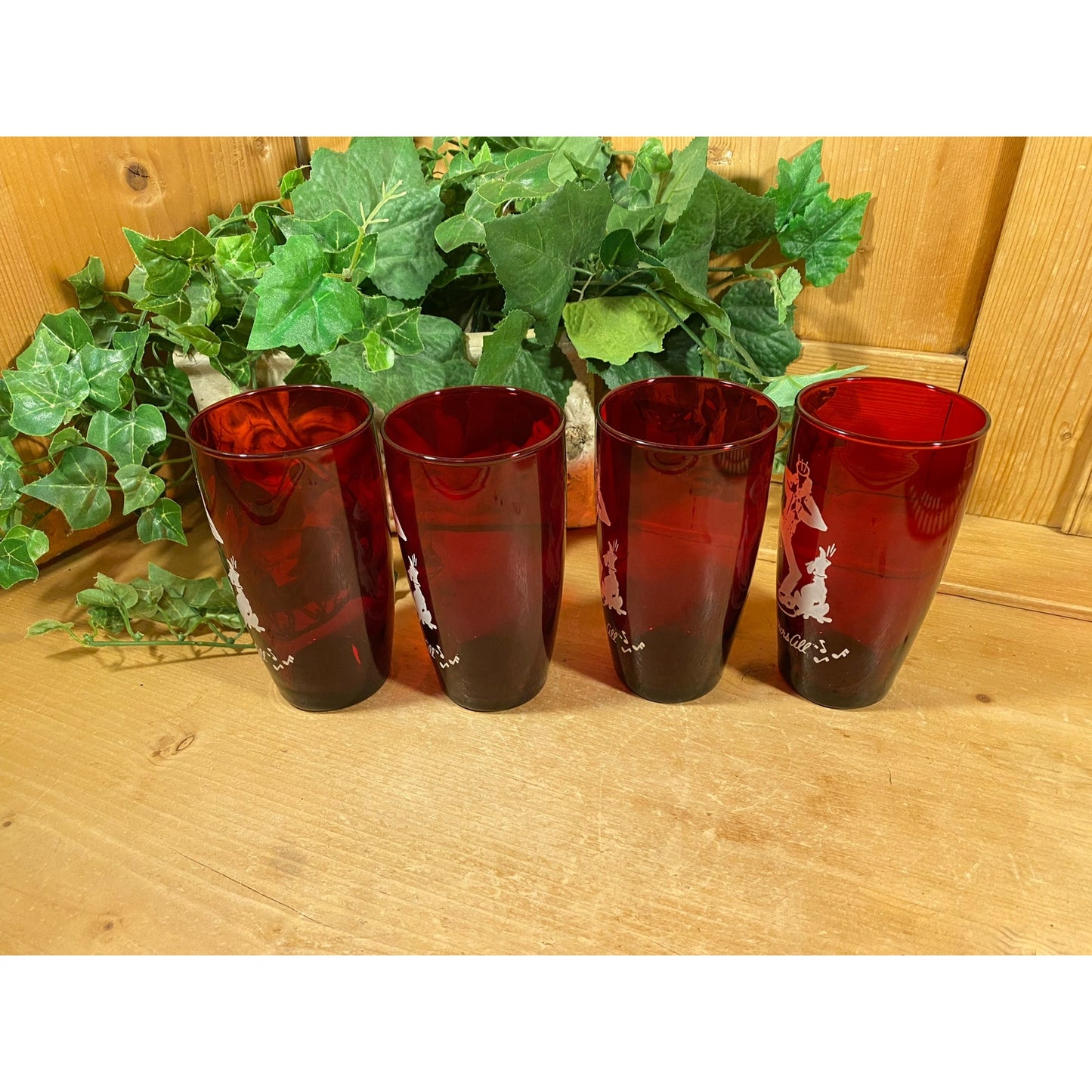 Vintage Ruby Red Glass Square Dancing Glasses - Set of 4 | Partners All | Anchor Hocking | Ruby Glass Water Glasses | Midcntury Modern