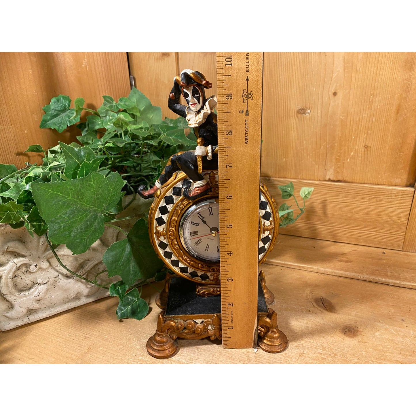 Vintage Harlequin Jester Mantle Clock | Quartz Clock with Ceramic Surround | Gold, Black, White | Jester Figure Sitting On A Pedestal Clock