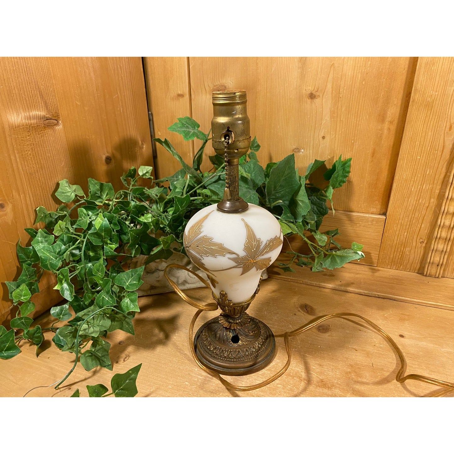 Vintage Frosted White Glass Lamp Base with Golden Leaves | Rewired Victorian Table Lamp | Shabby Chic Glass + Metal Living Room Lamp