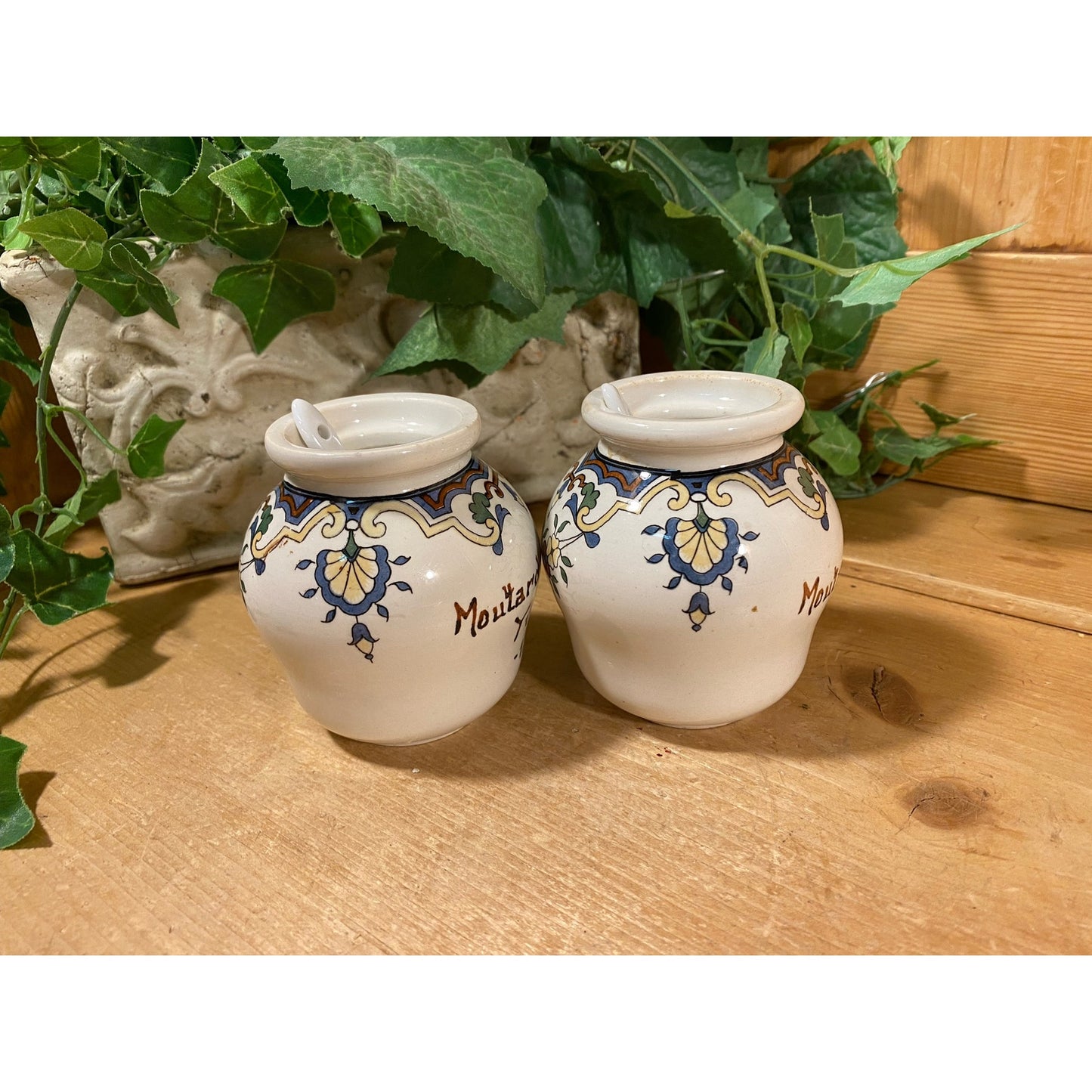 Vintage French Ceramic Mustard Jars with Spoons | Digoin & Sarreguemines | Cottagecore Kitchen Shelf Decor | French Mustard Pots (no lids)