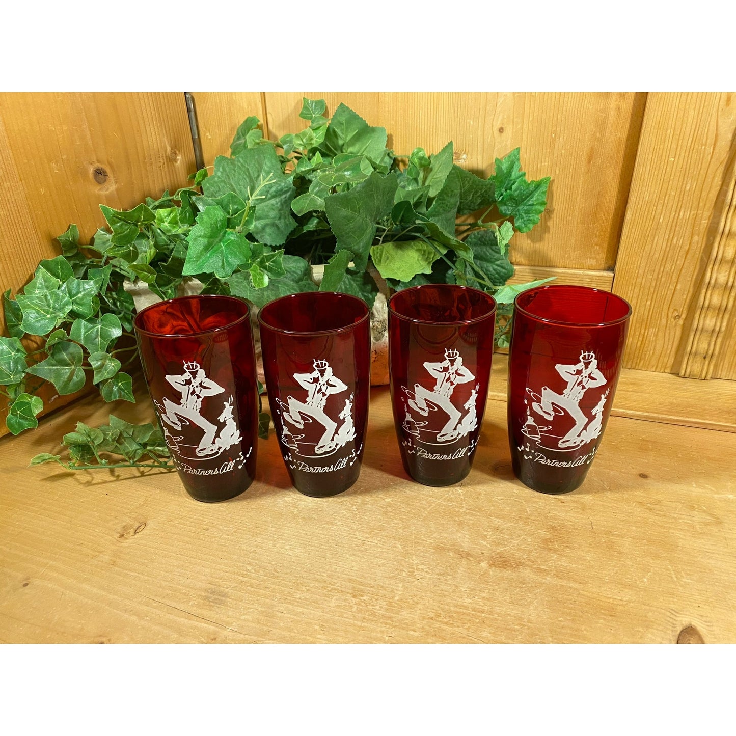 Vintage Ruby Red Glass Square Dancing Glasses - Set of 4 | Partners All | Anchor Hocking | Ruby Glass Water Glasses | Midcntury Modern