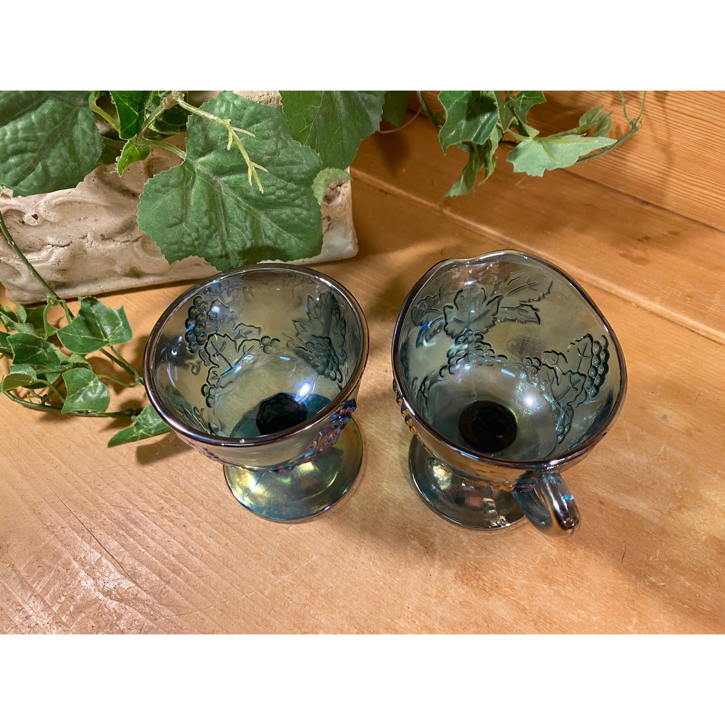 Vintage Harvest Grape Blue Carnival Glass Cream + Sugar Set | Indiana Glass | Shabby Chic | Iridescent Glass Cream Pitcher and Sugar Bowl