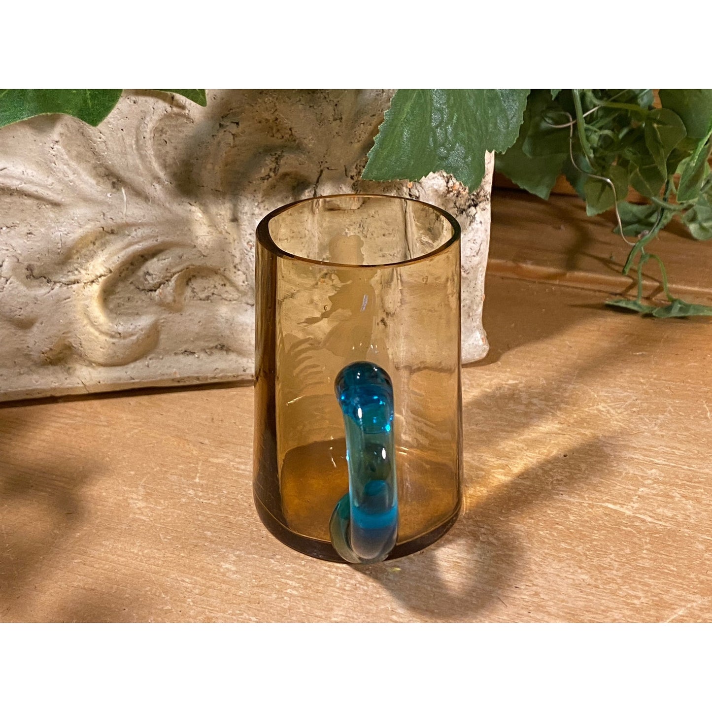 Vintage Handblown Glass Silhouette Cup | Mary Gregory | Brown Glass with Blue Ring Handle | Art Glass with Girl In A Field | Shabby Chic