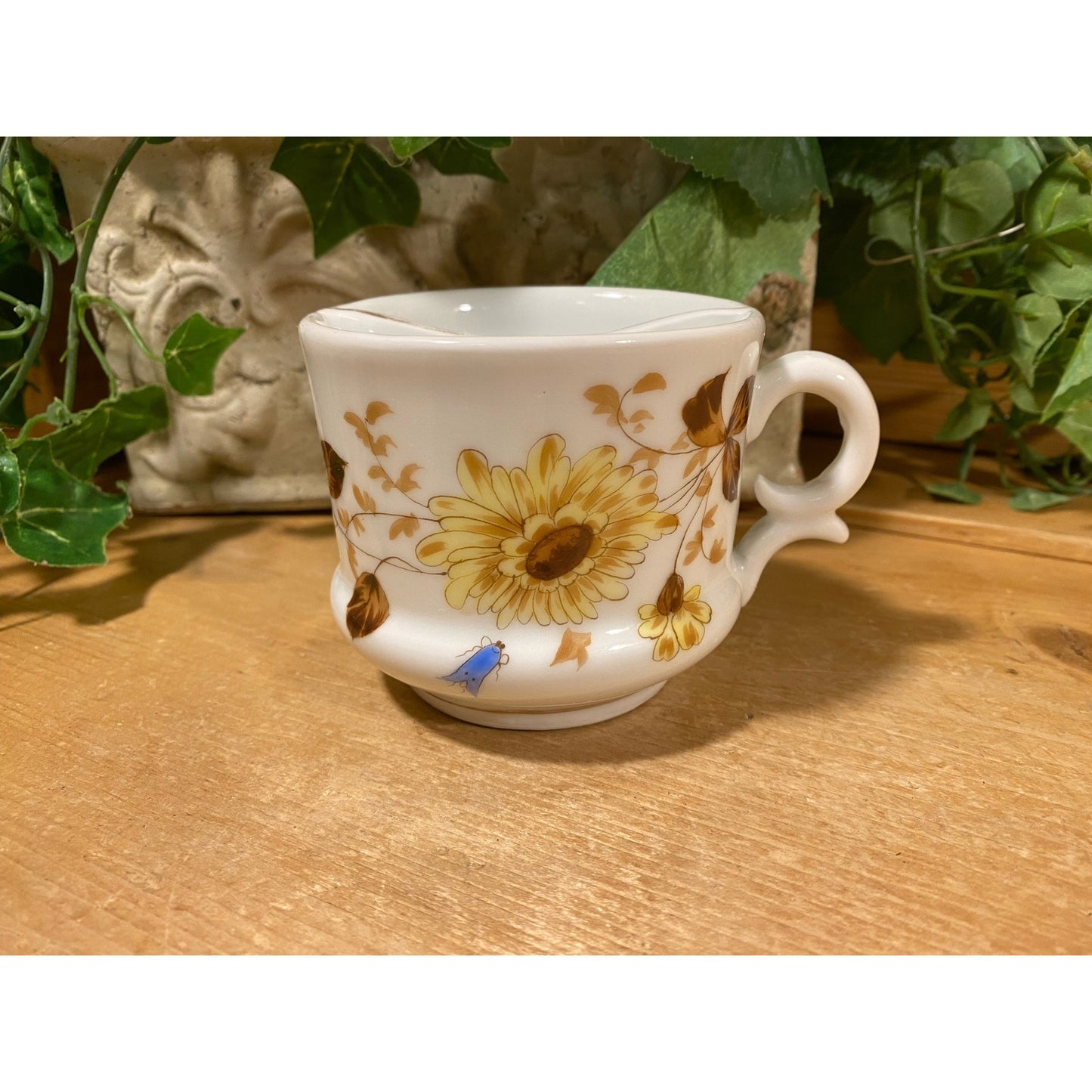 Vintage Floral Moustache Mug | White Mug with Yellow, Brown, and Blue Flowers | Shabby Chic Divided Mug | Victorian Mug | Flowered Mug