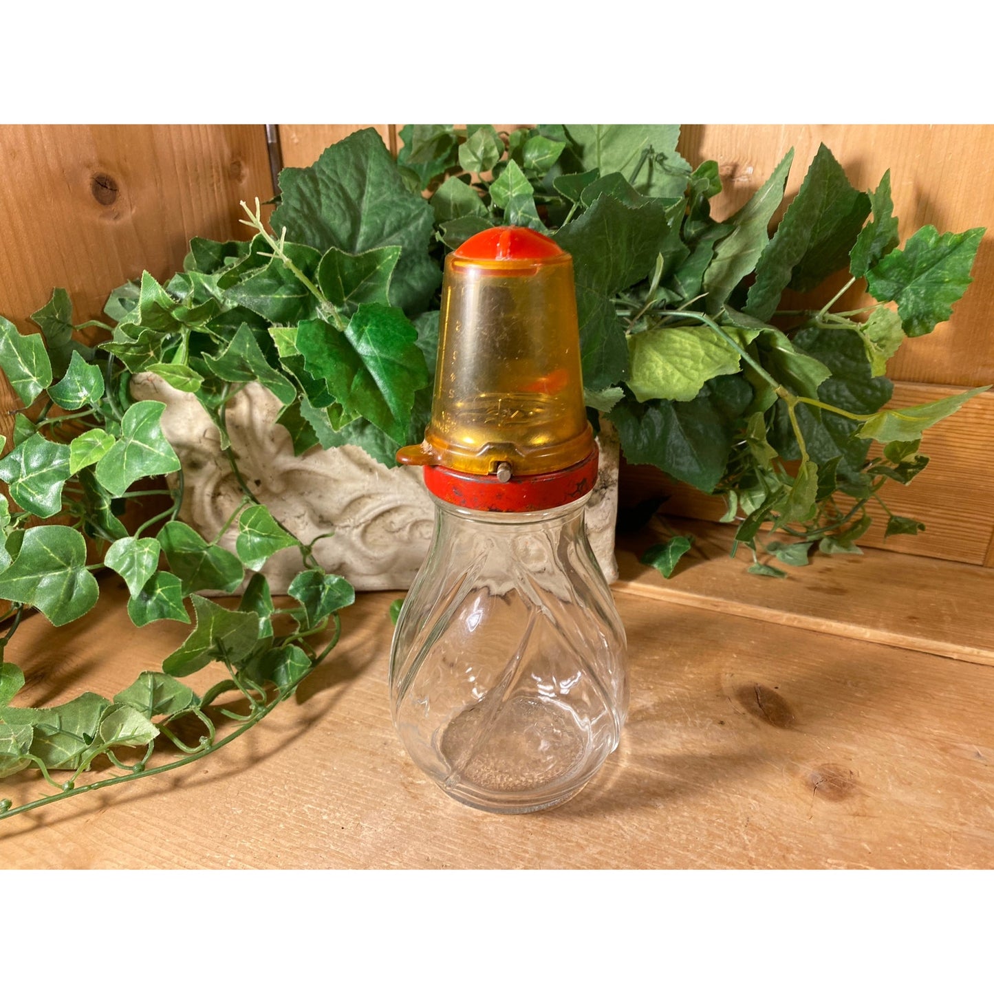 Vintage Glass and Metal Nut Chopper with Red Trim | Food Grinder/Chopper On Clear Glass Jar | Midcentury Modern Kitchen Decor | MCM Decor
