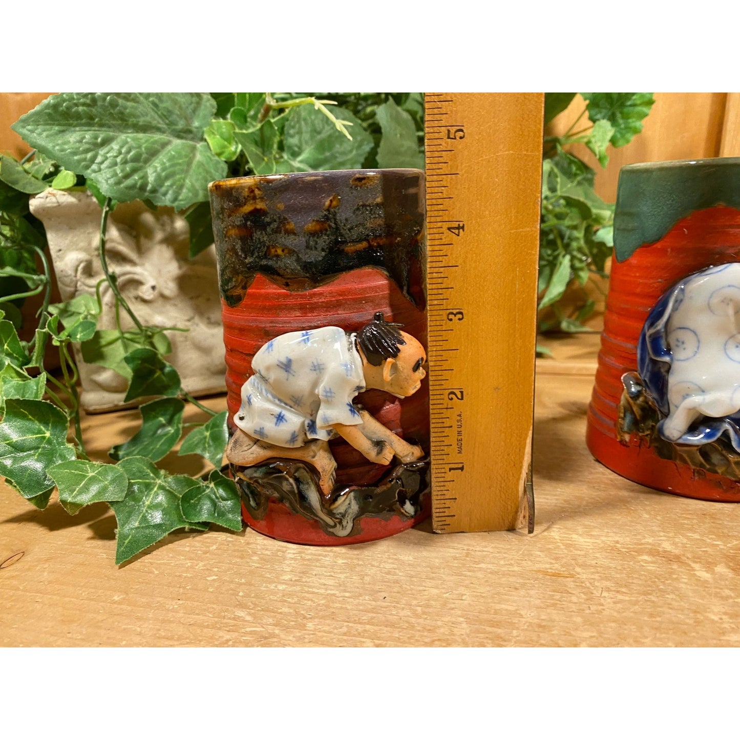Antique Japanese Sumida Gawa Mugs -Set of 2 | Indue Ryosai Pottery | Asian | Vintage Glazed Pottery Art Mugs with 3D Figures | Academia