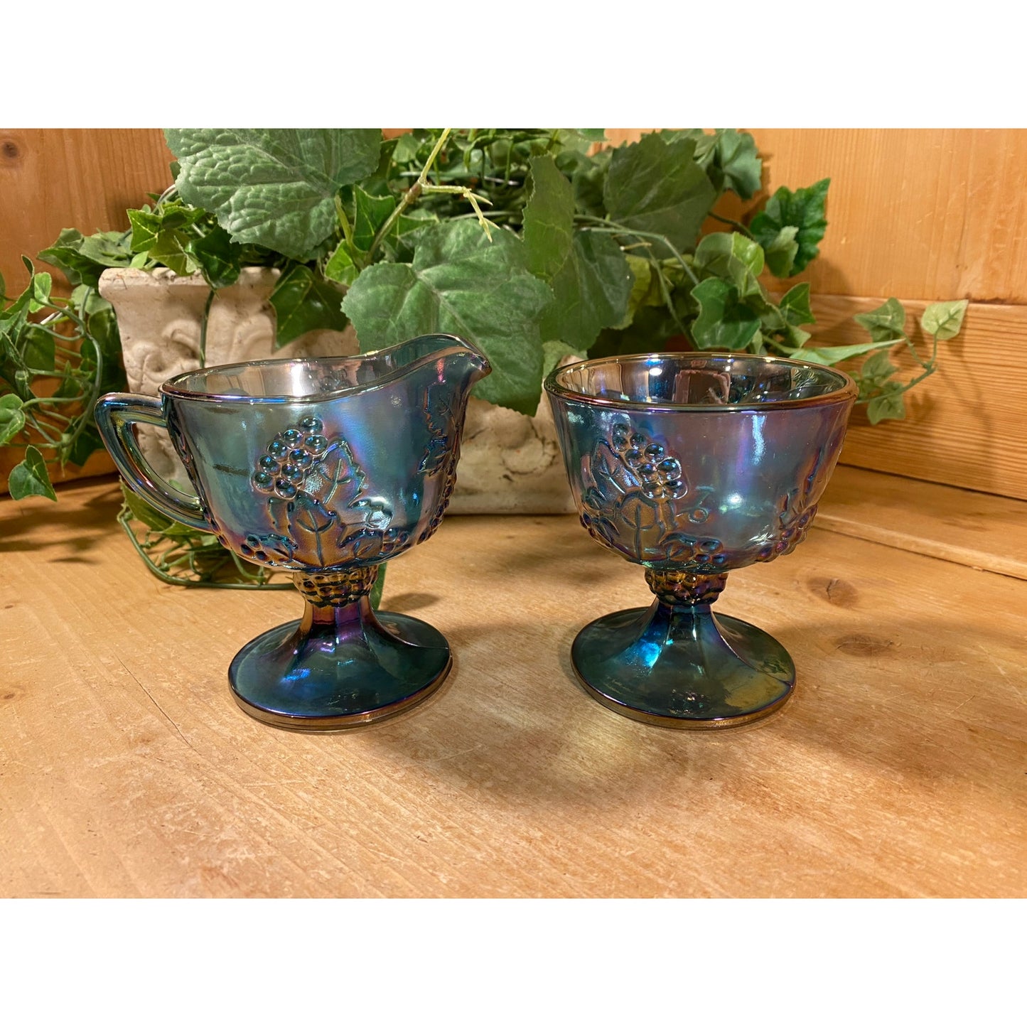 Vintage Harvest Grape Blue Carnival Glass Cream + Sugar Set | Indiana Glass | Shabby Chic | Iridescent Glass Cream Pitcher and Sugar Bowl