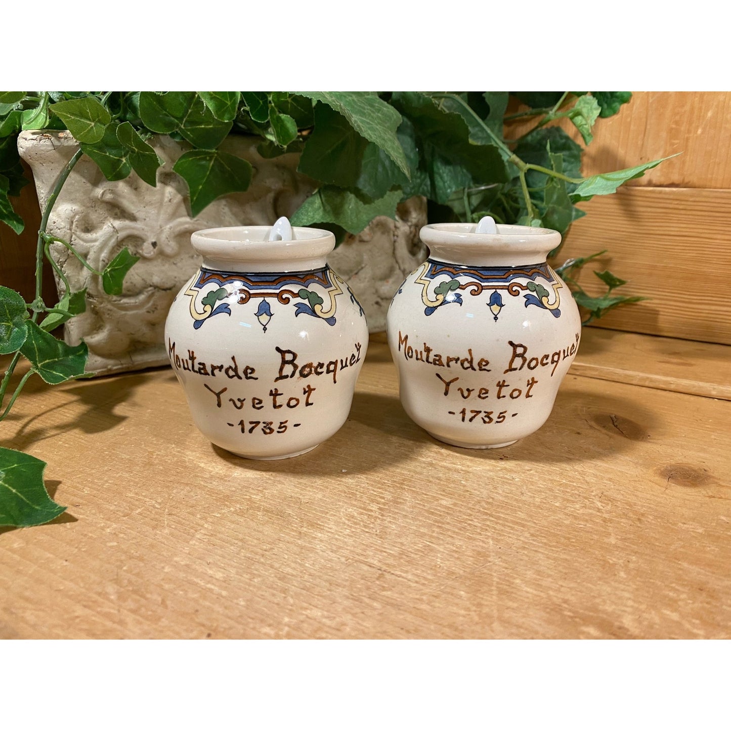 Vintage French Ceramic Mustard Jars with Spoons | Digoin & Sarreguemines | Cottagecore Kitchen Shelf Decor | French Mustard Pots (no lids)