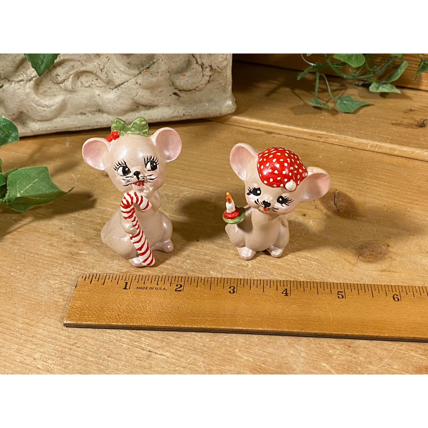 Vintage Christmas Mouse Figurines - Set of 2 | Christmas Mice | Candy Cane Mouse with Holly | Mouse with Red Hat, Candle | Midcentury Modern
