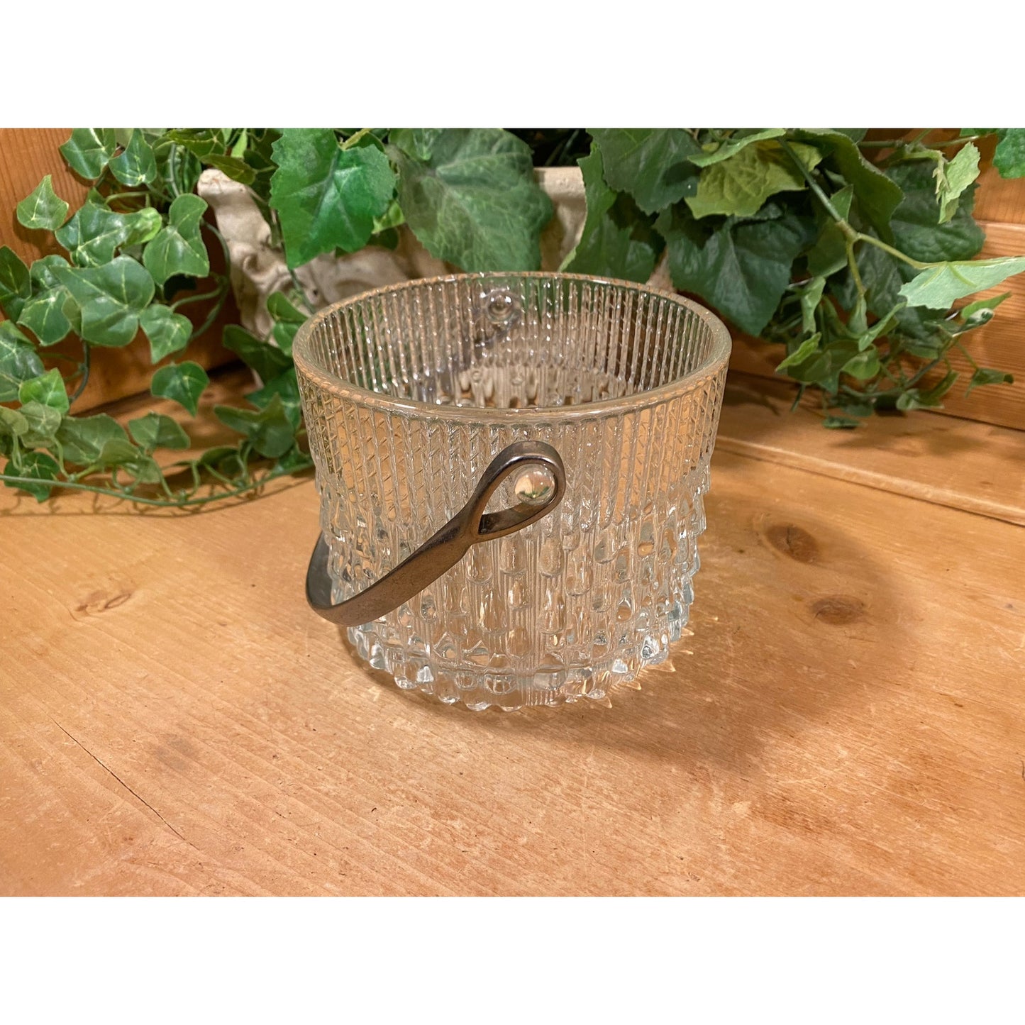 Vintage Round Clear Glass Ice Bucket with Metal Handle | Teleflora | Wine Chiller | MCM | Champagne Bucket | Ice Pail | Midcentury Modern