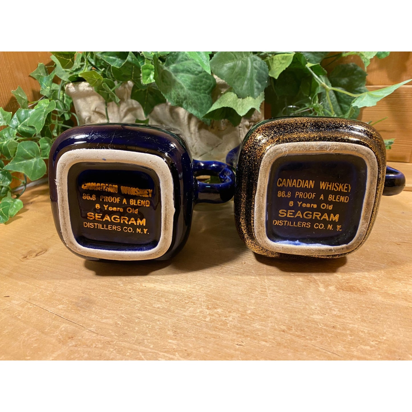 Vintage Seagram's VO Canadian Whiskey Pitchers - Set of 2 | Cobalt Blue Ceramic Whiskey Pitchers with Printed Logo | Academia | Home Bar