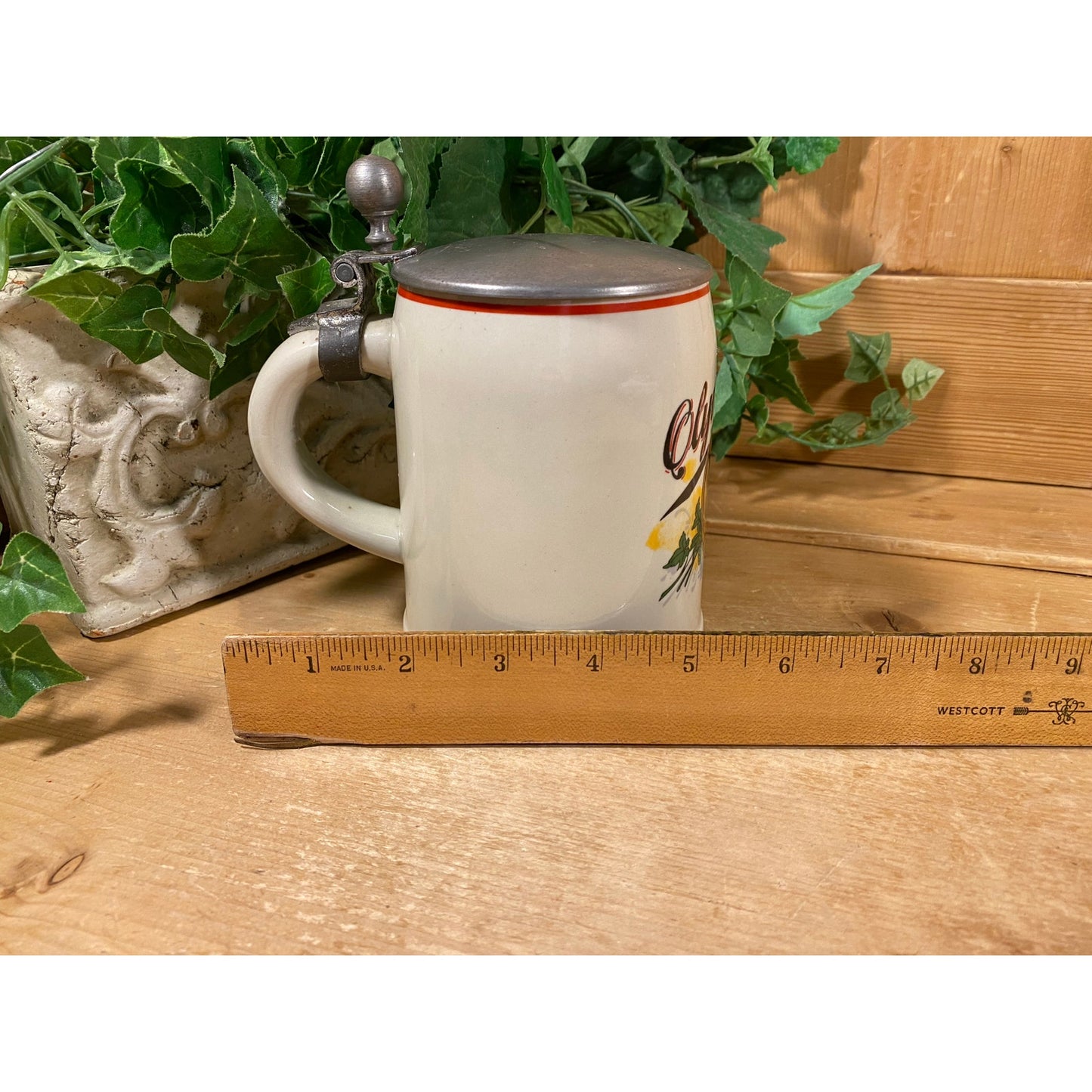 Vintage Ceramic Olympia Beer Stein | Good Luck Horseshoe | Tumwater | White Beer Mug with Pewter Lid | Ceramarte Beer Stein | Retro Barware